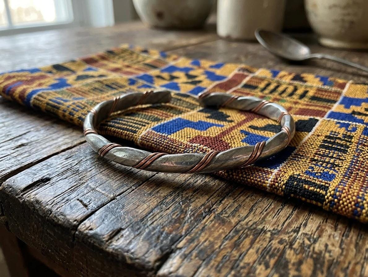 Handcrafted Silver & Copper Woven Bracelet: Kenyan Artisan Jewelry