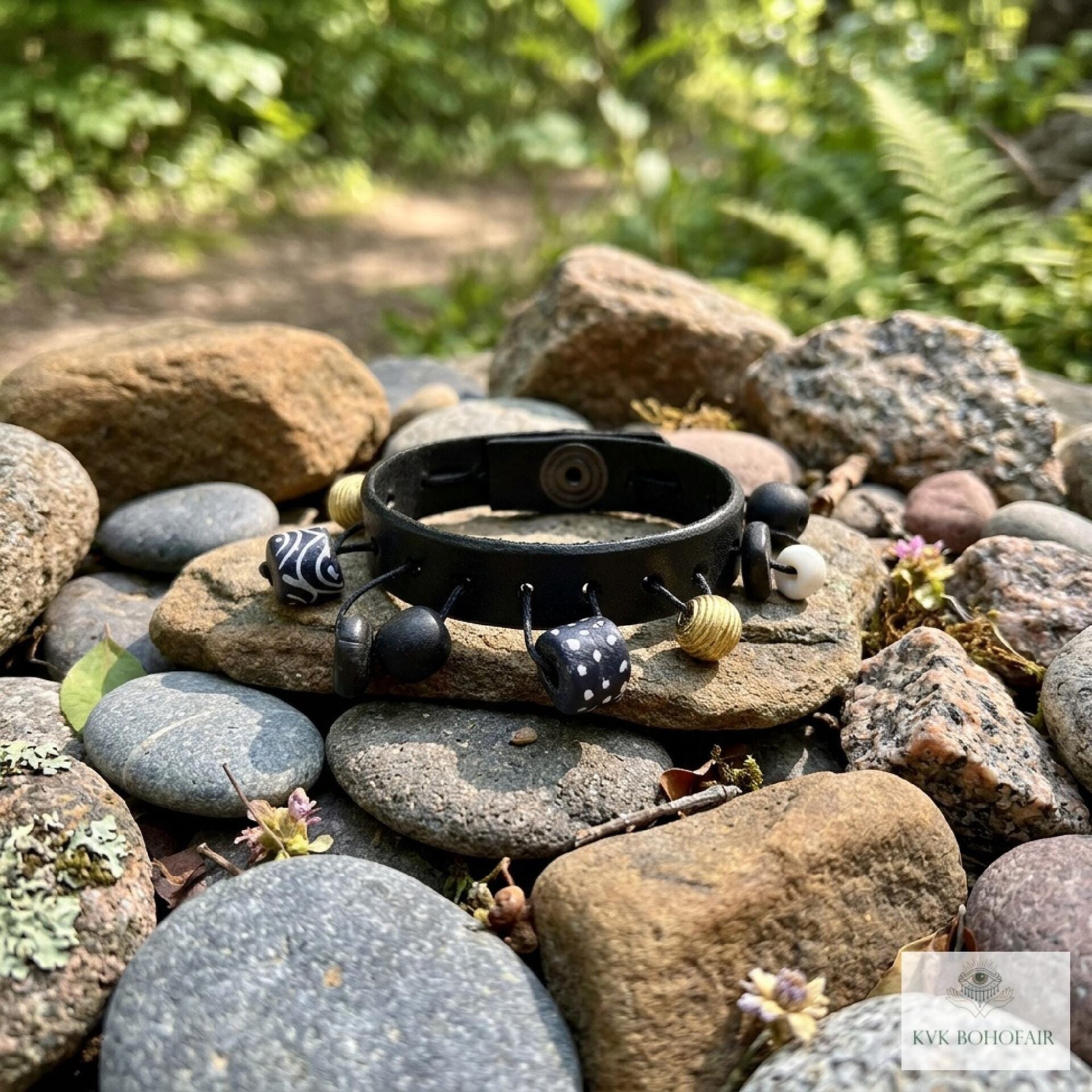 Handcrafted Boho Leather Cuff with Brass and Glass Beads - Hippie Fashion, Bohemian Jewelry