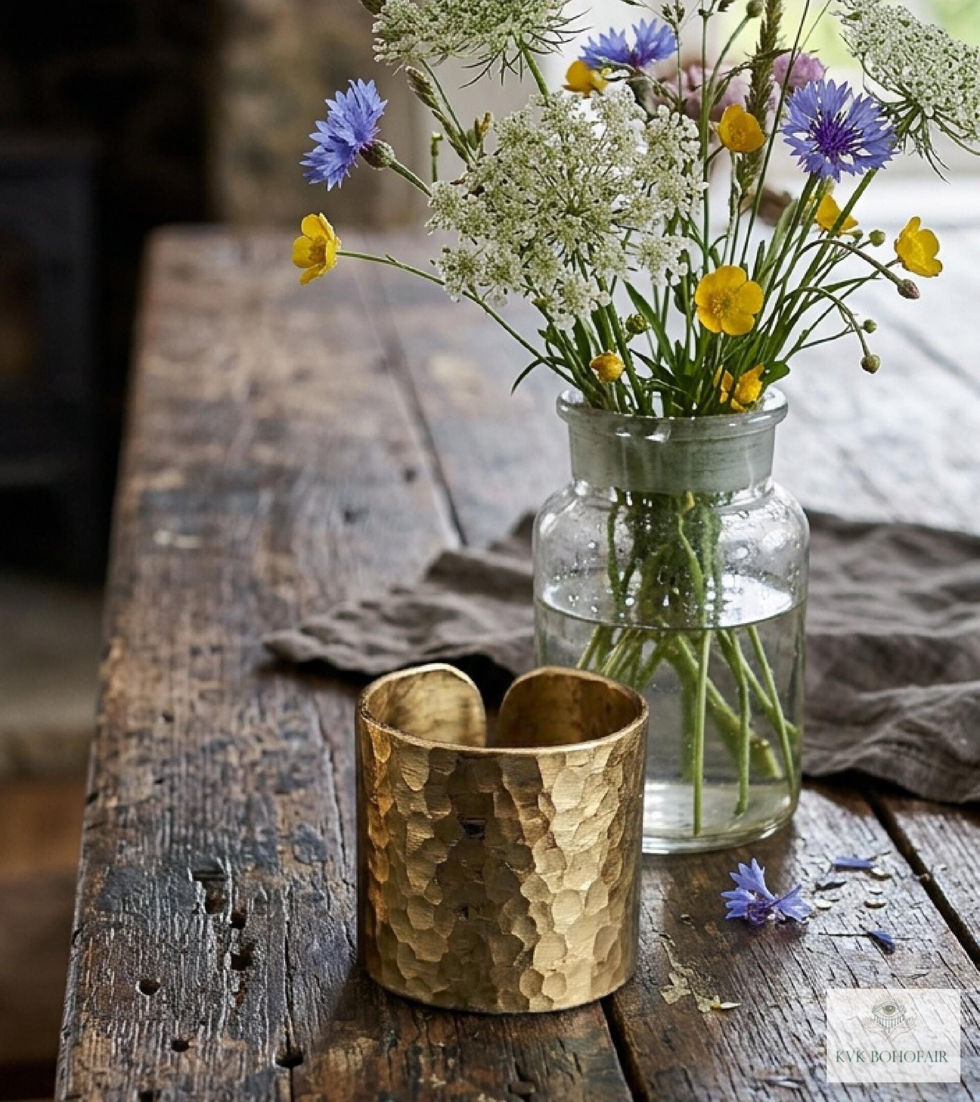 Artisan Hammered Wide Band Brass Ring, Handmade Open Cuff Statement Ring
