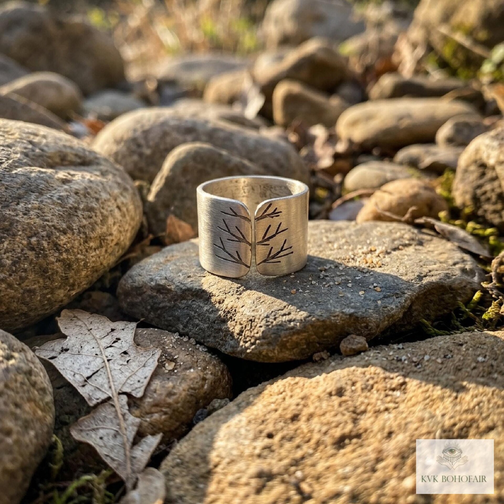 Silver-Plated Brass Cat Tree Face Ring, Rustic Boho Adjustable Statement Jewelry