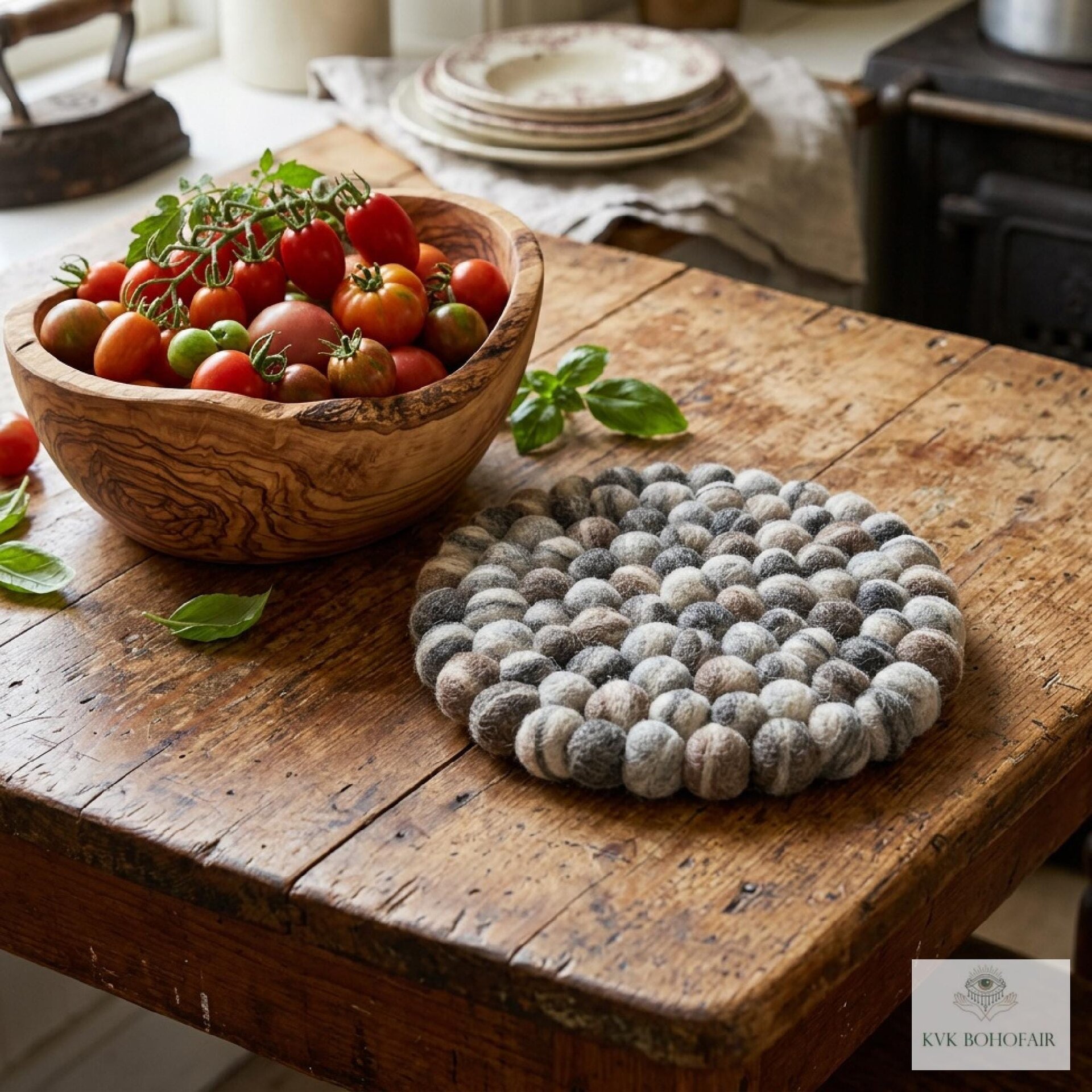 Mixed Gray Wool Felt Ball Trivet, Boho Kitchen Hot Pad, Coaster Table Pot Holder