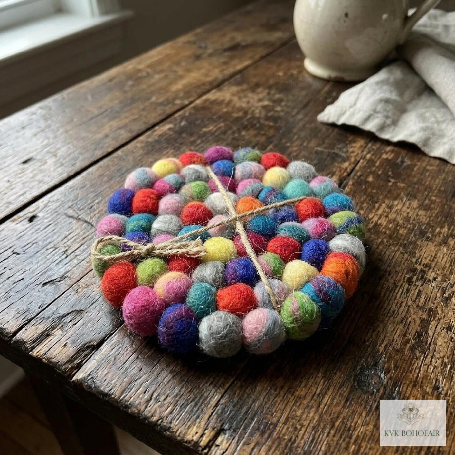 Colorful Wool Felt Ball Coaster Set, Handmade Drink Mug Rug, Eco Cup Mat