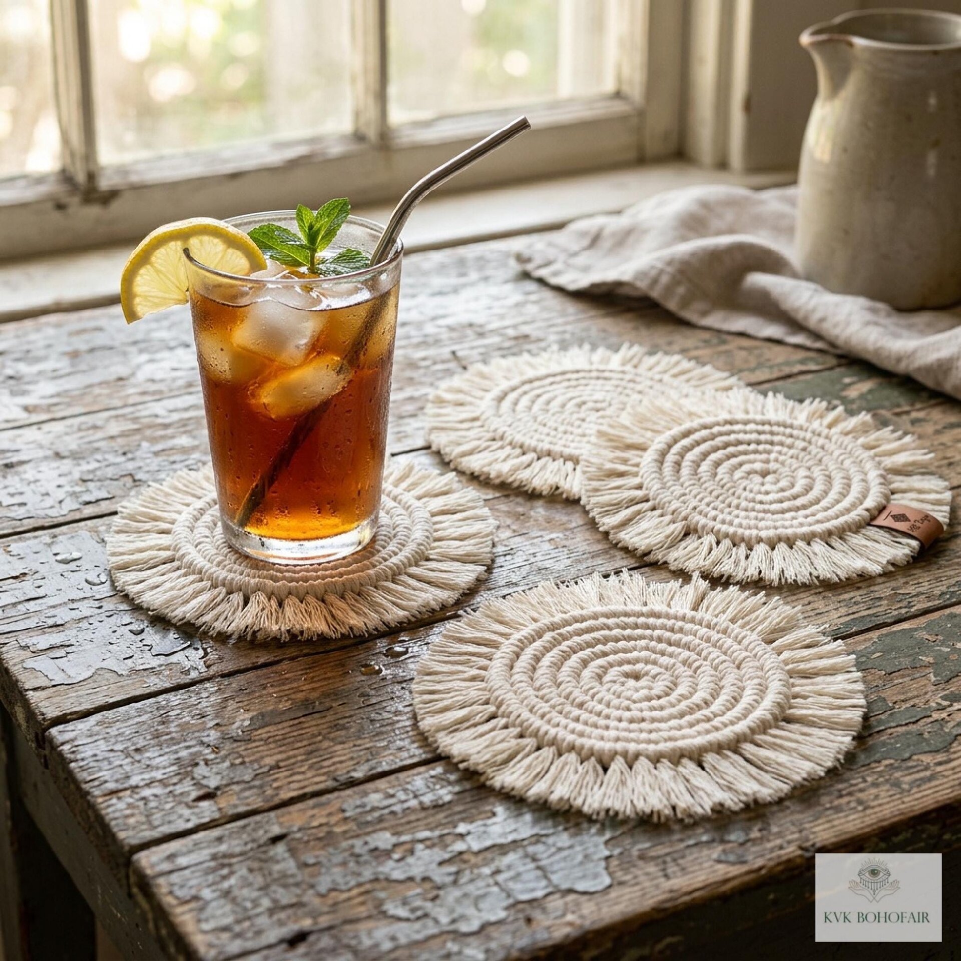 Boho Macrame Coasters - Handmade Drink Coasters, Set of 4, Eco-Friendly