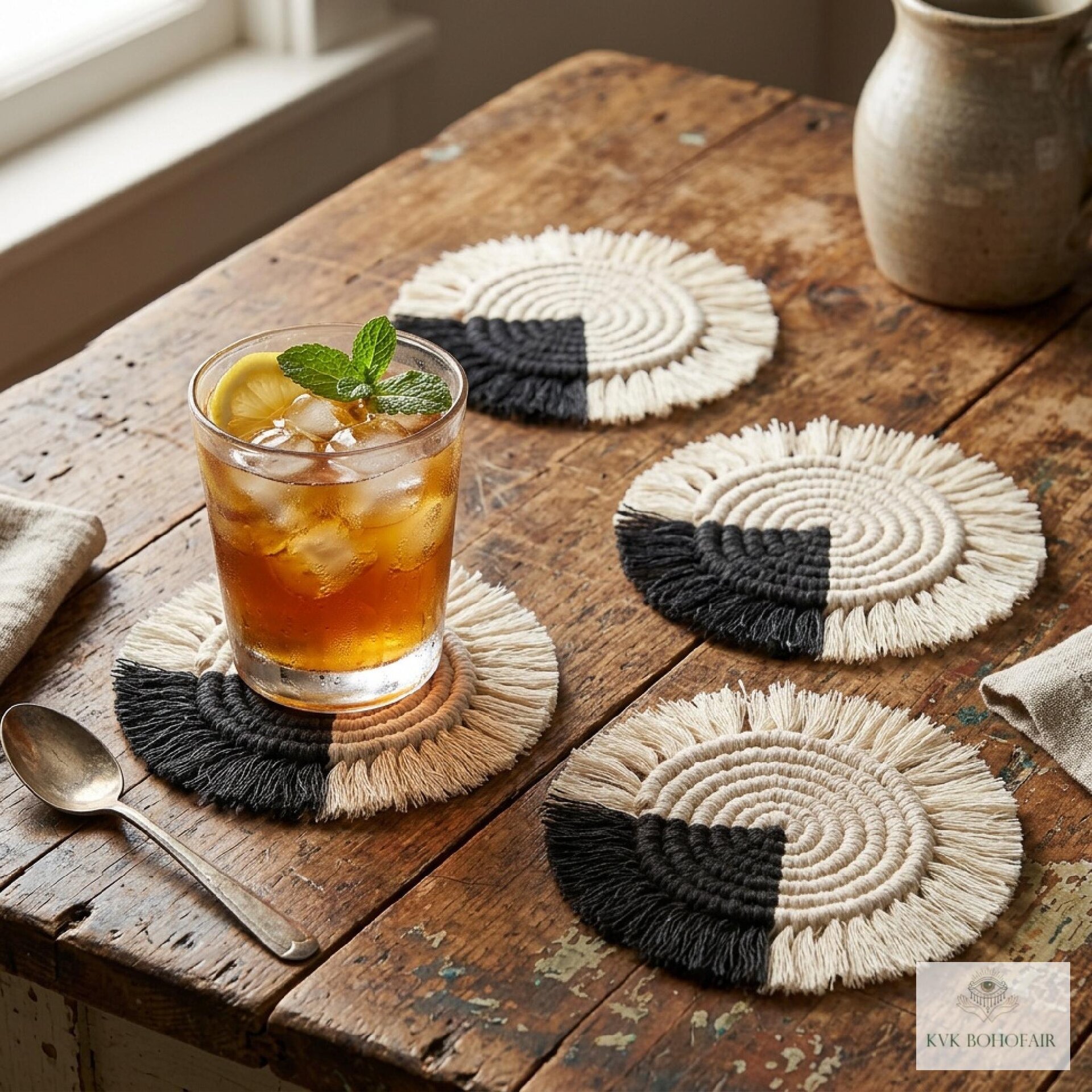 Boho Macrame Coasters - Handmade Drink Coasters, Set of 4, Eco-Friendly