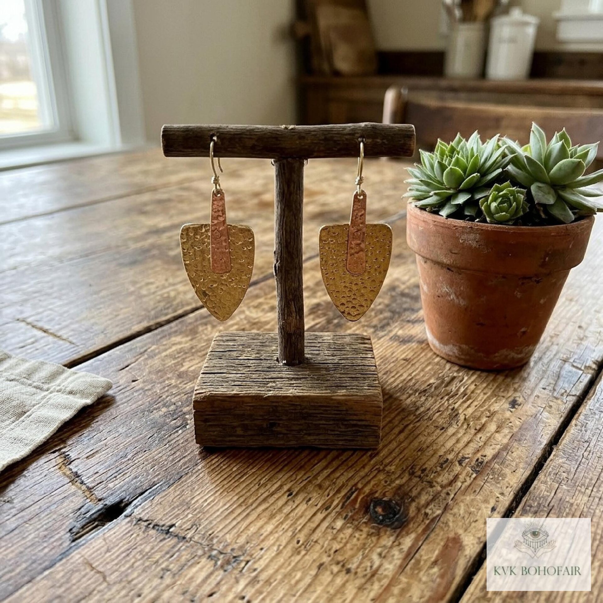 Mixed Metal Hammered Arrowhead Earrings – Handcrafted Brass and Copper Design