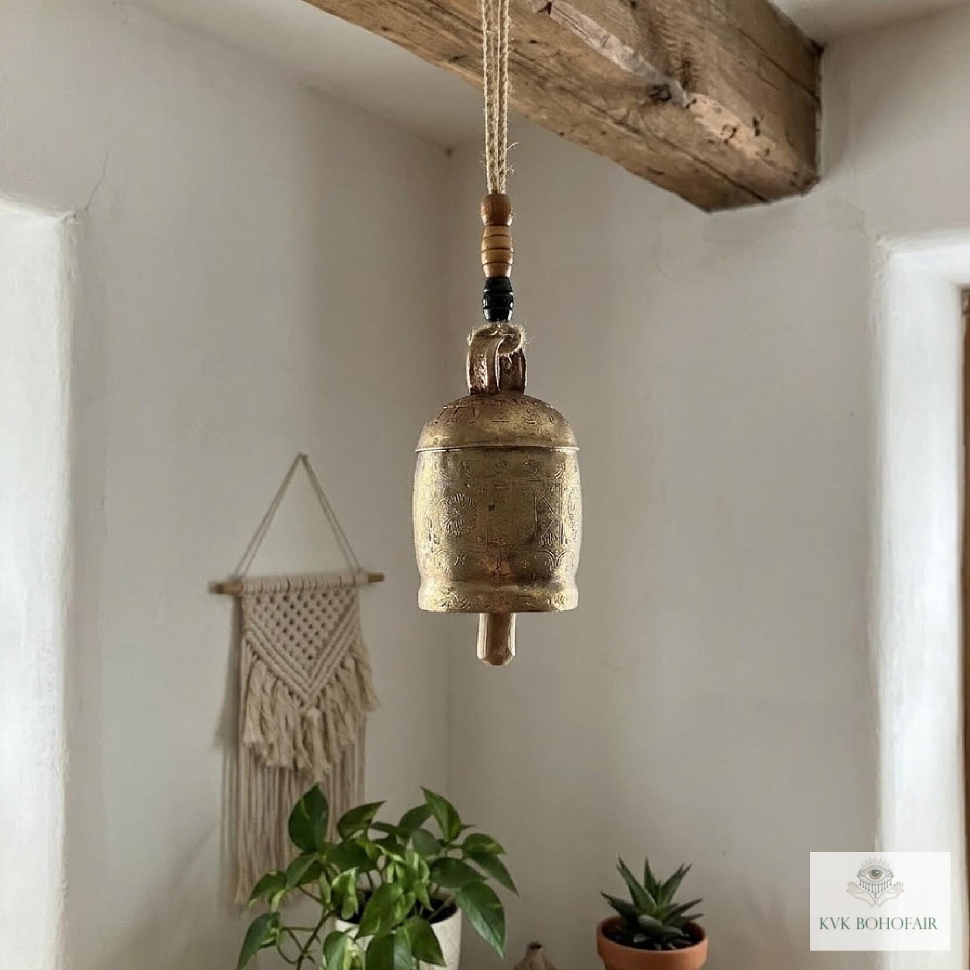 Handmade Etched Copper Bell Jute Cord Artisan Boho Wall Hanging