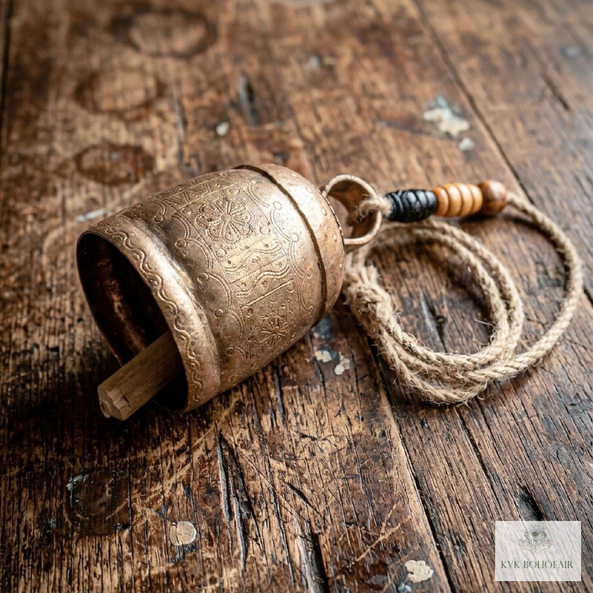 Handmade Etched Copper Bell Jute Cord Artisan Boho Wall Hanging