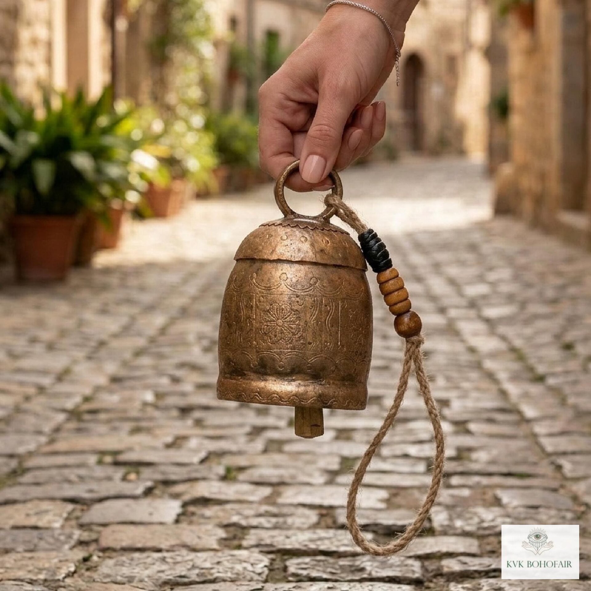 Handmade Etched Copper Bell Jute Cord Artisan Boho Wall Hanging
