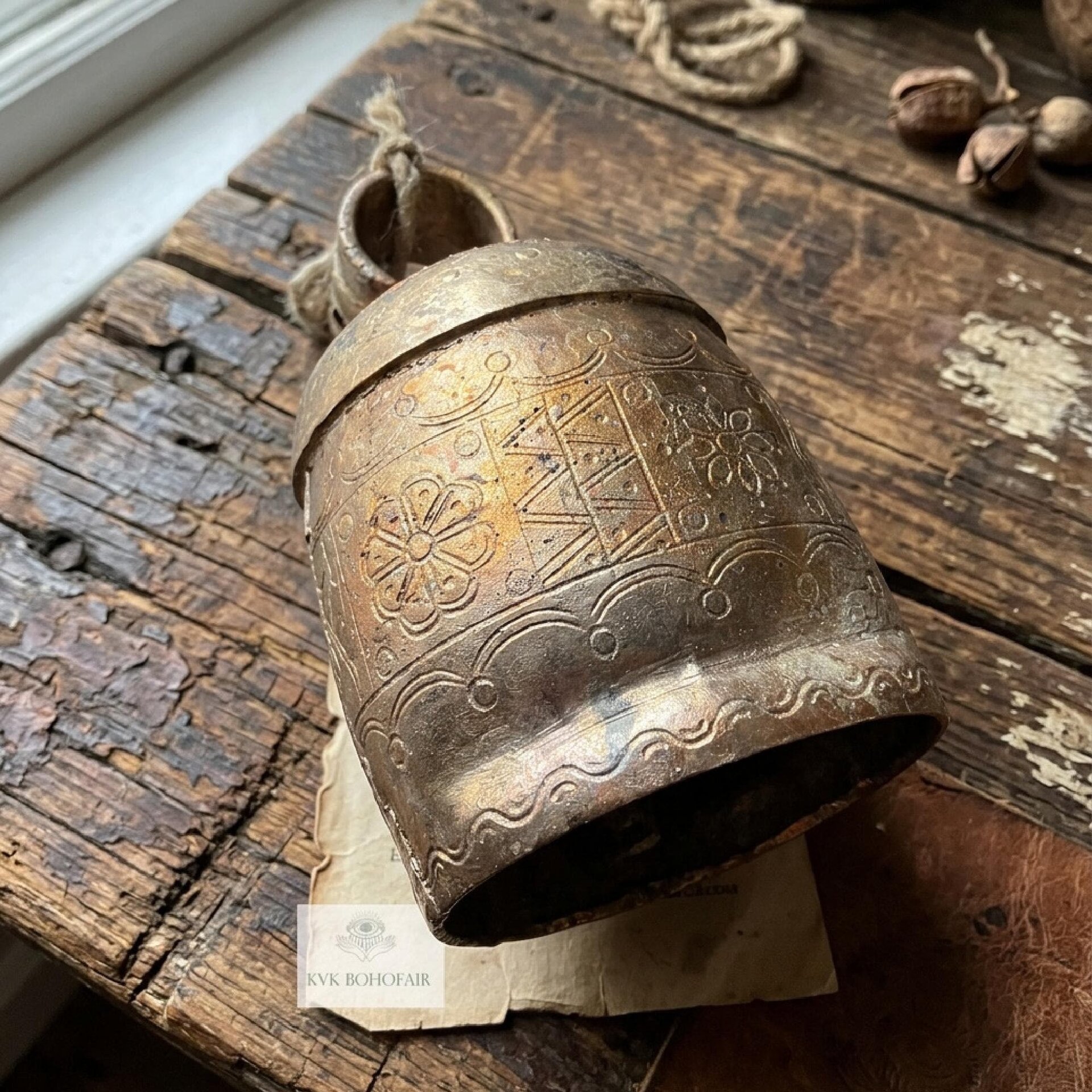 Handmade Etched Copper Bell Jute Cord Artisan Boho Wall Hanging