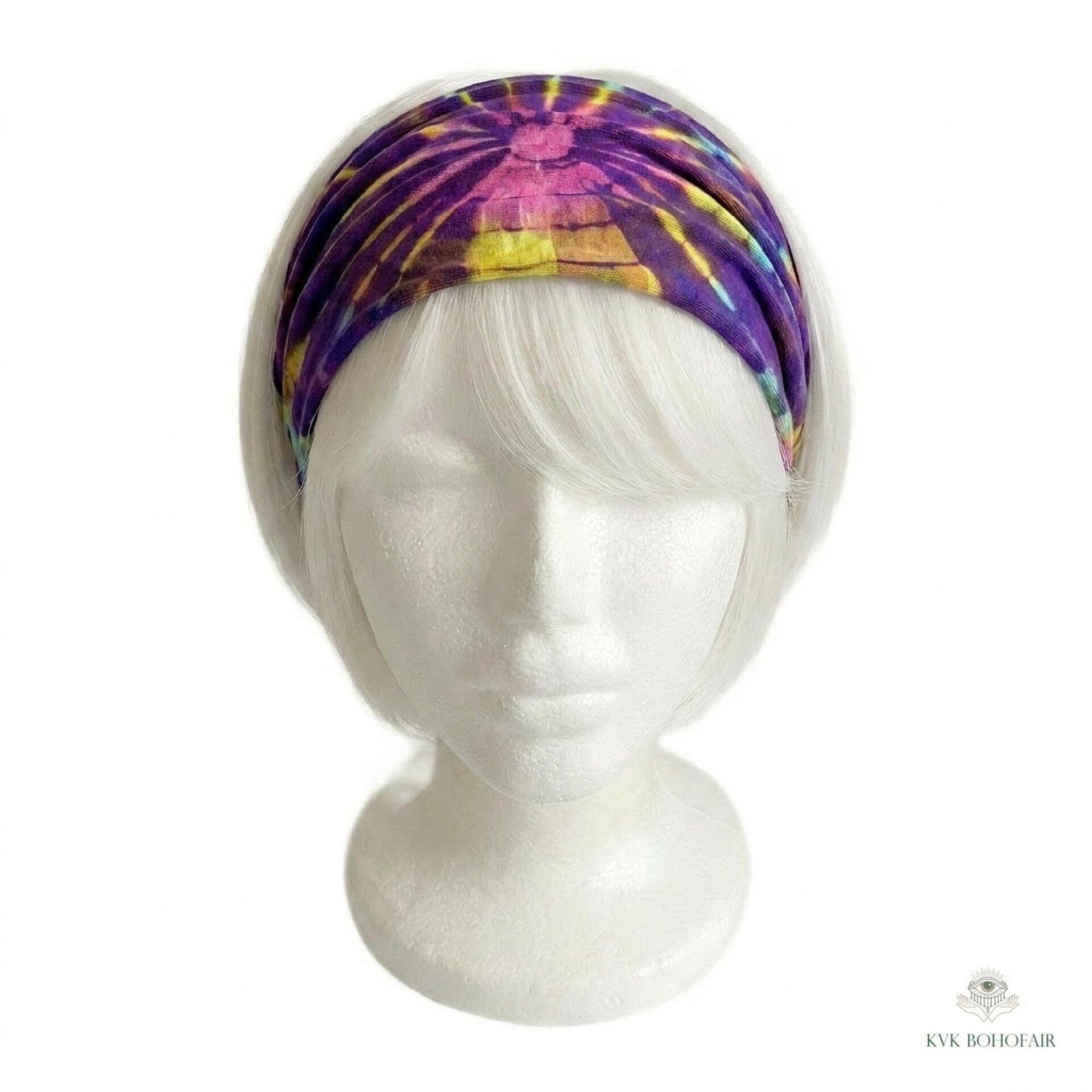 Purple Tie Dye Cotton Headband, Wide Boho Yoga Headwrap for Women, Bohemian Workout Hairband