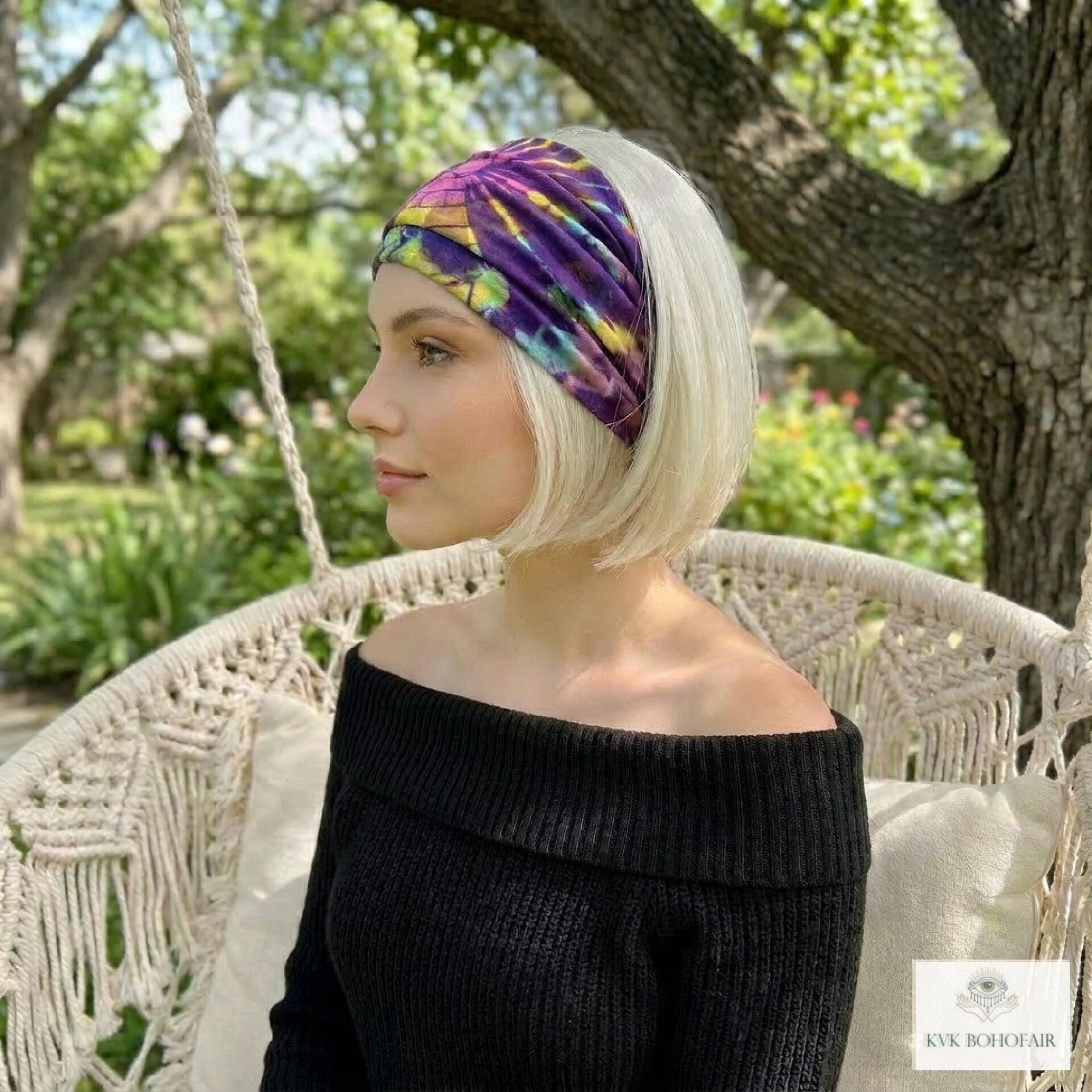 Purple Tie Dye Cotton Headband, Wide Boho Yoga Headwrap for Women, Bohemian Workout Hairband