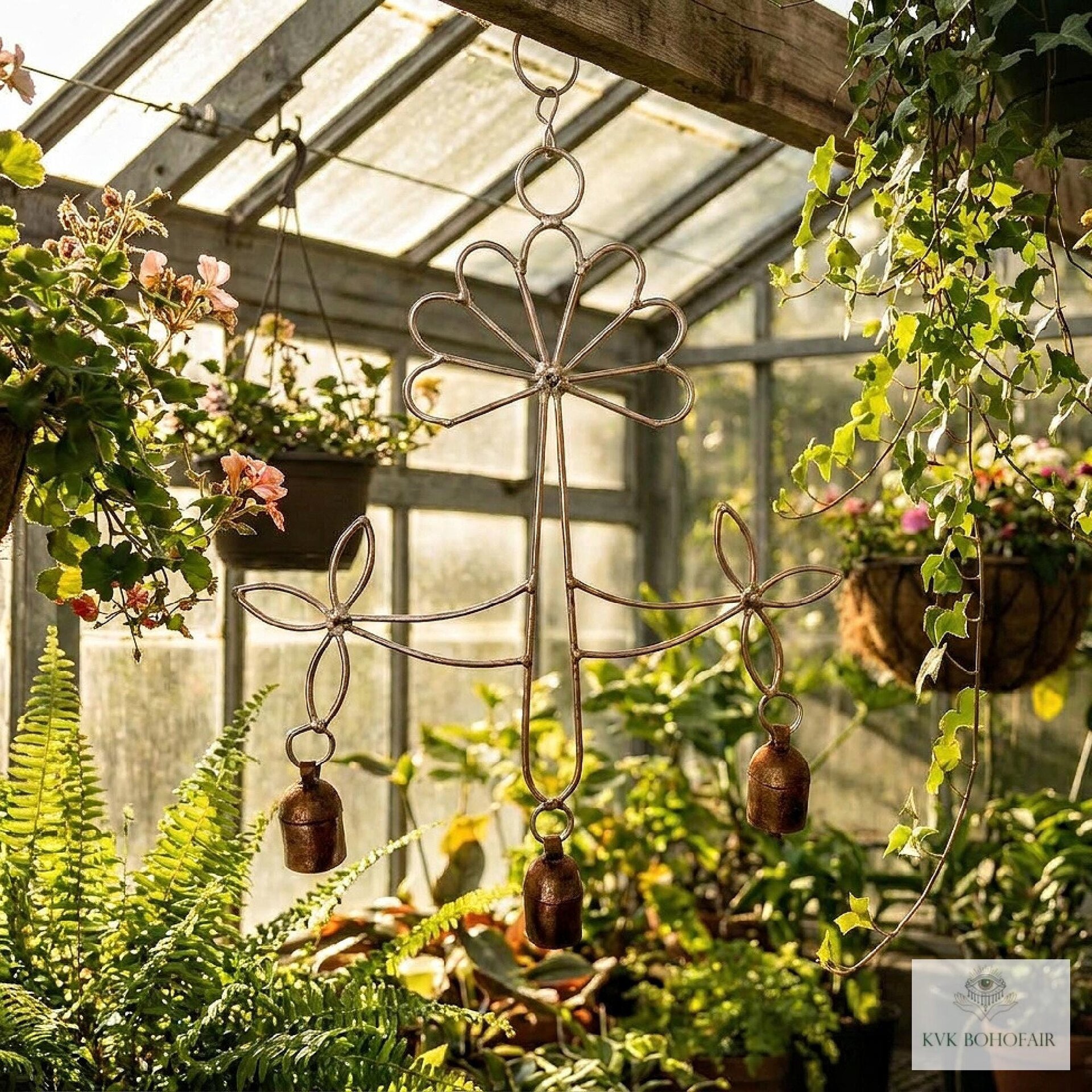 Peaceful: Handmade Flower Garden Wind Chime with Rustic Bells
