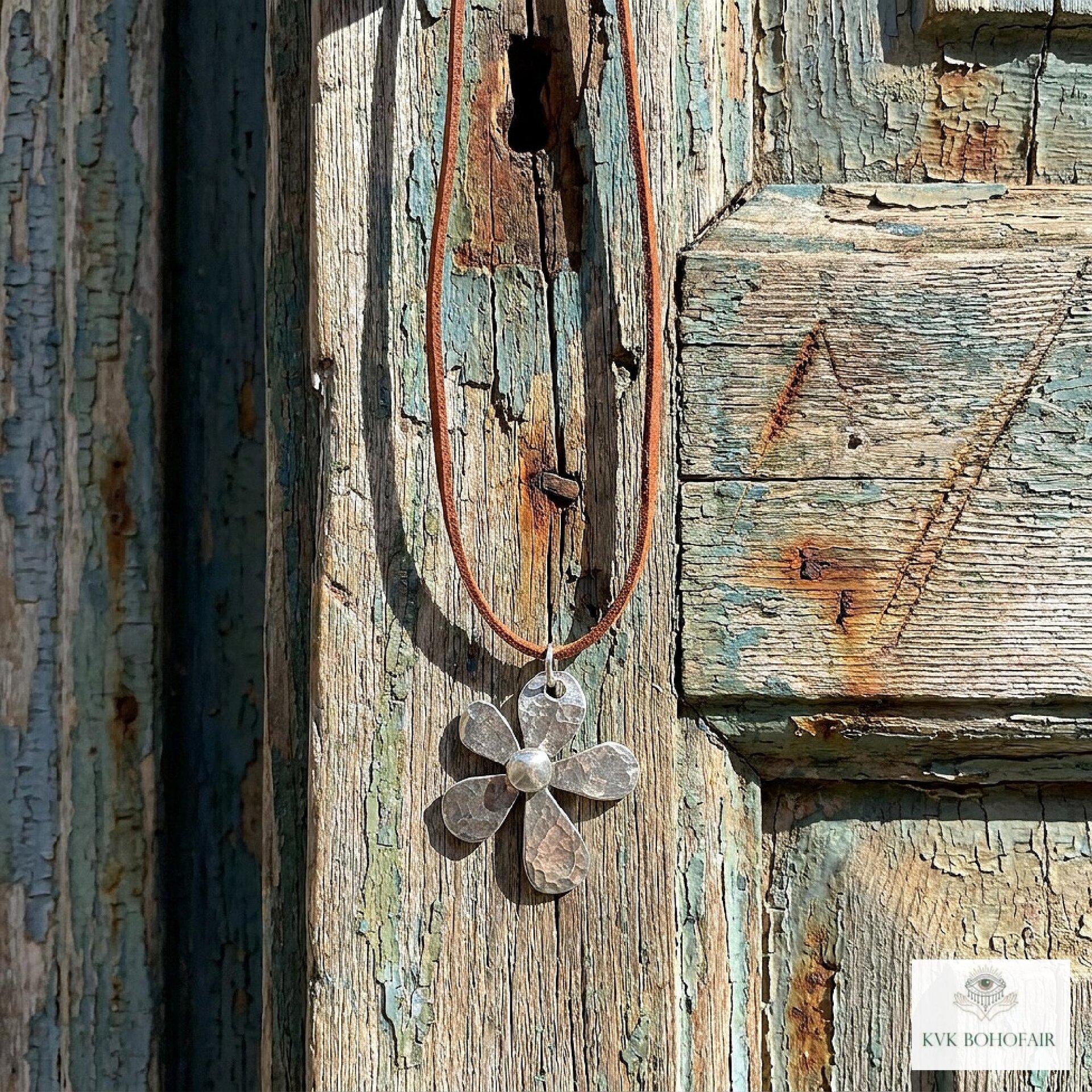 Silver Boho Flower Choker Necklace, Brown Suede Botanical Pendant