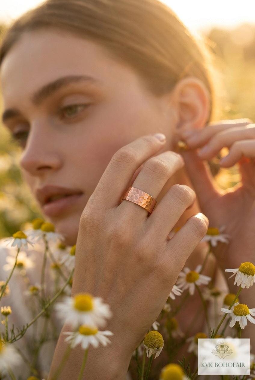 8mm Copper Ring, Rustic Hammered Band, Unique Boho Style Jewelry