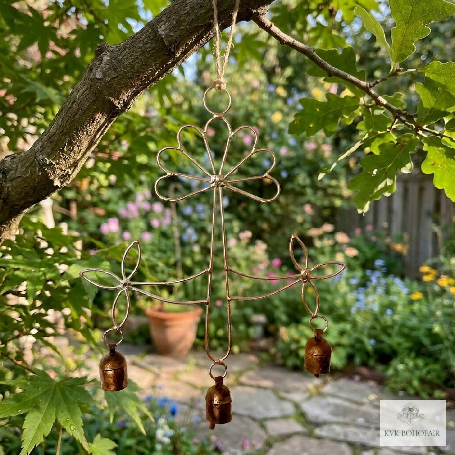 Peaceful: Handmade Flower Garden Wind Chime with Rustic Bells