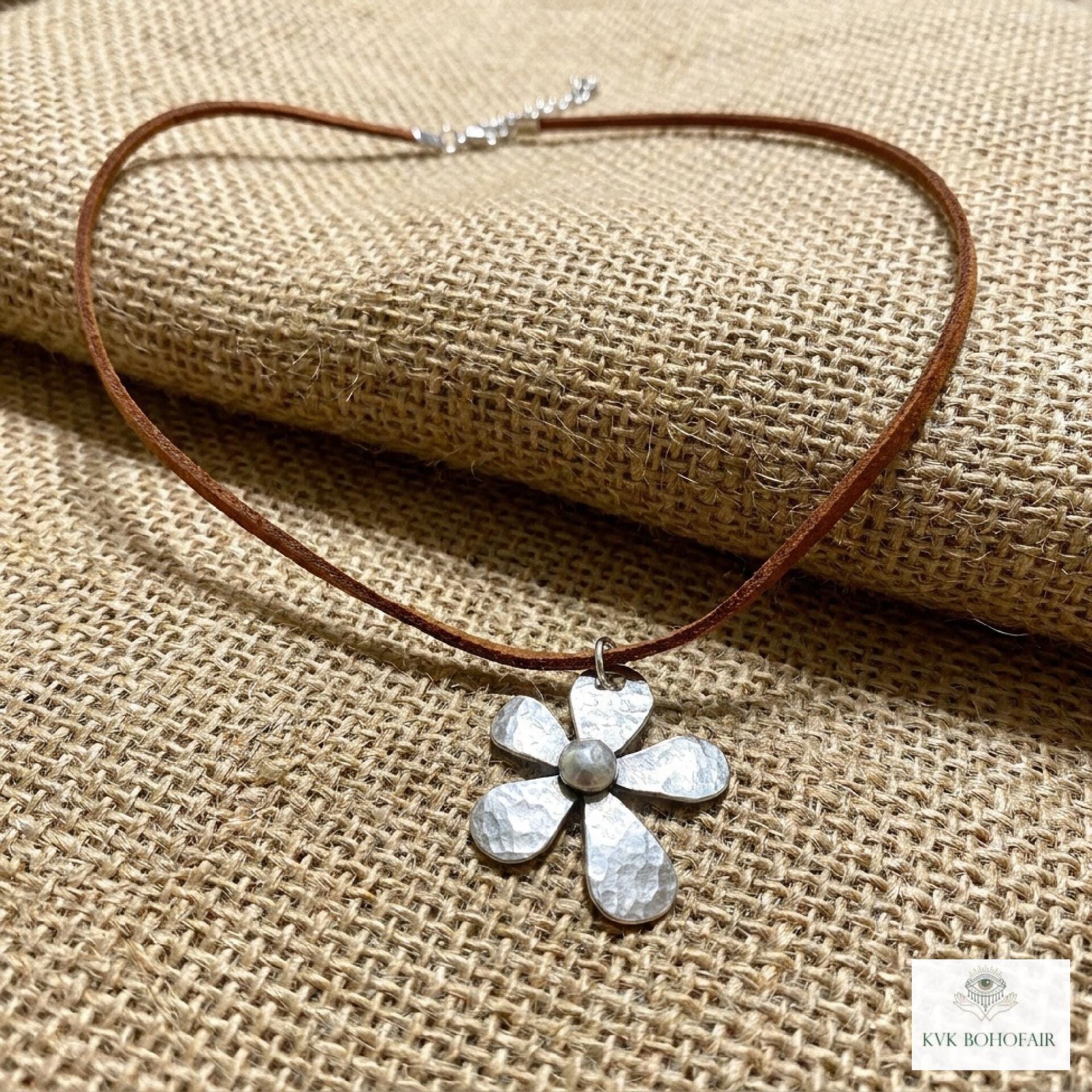 Silver Boho Flower Choker Necklace, Brown Suede Botanical Pendant