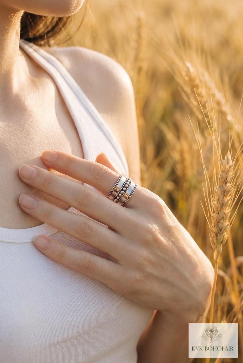 Sterling Silver Wide Band Ring, Boho Dot Detail, Handmade