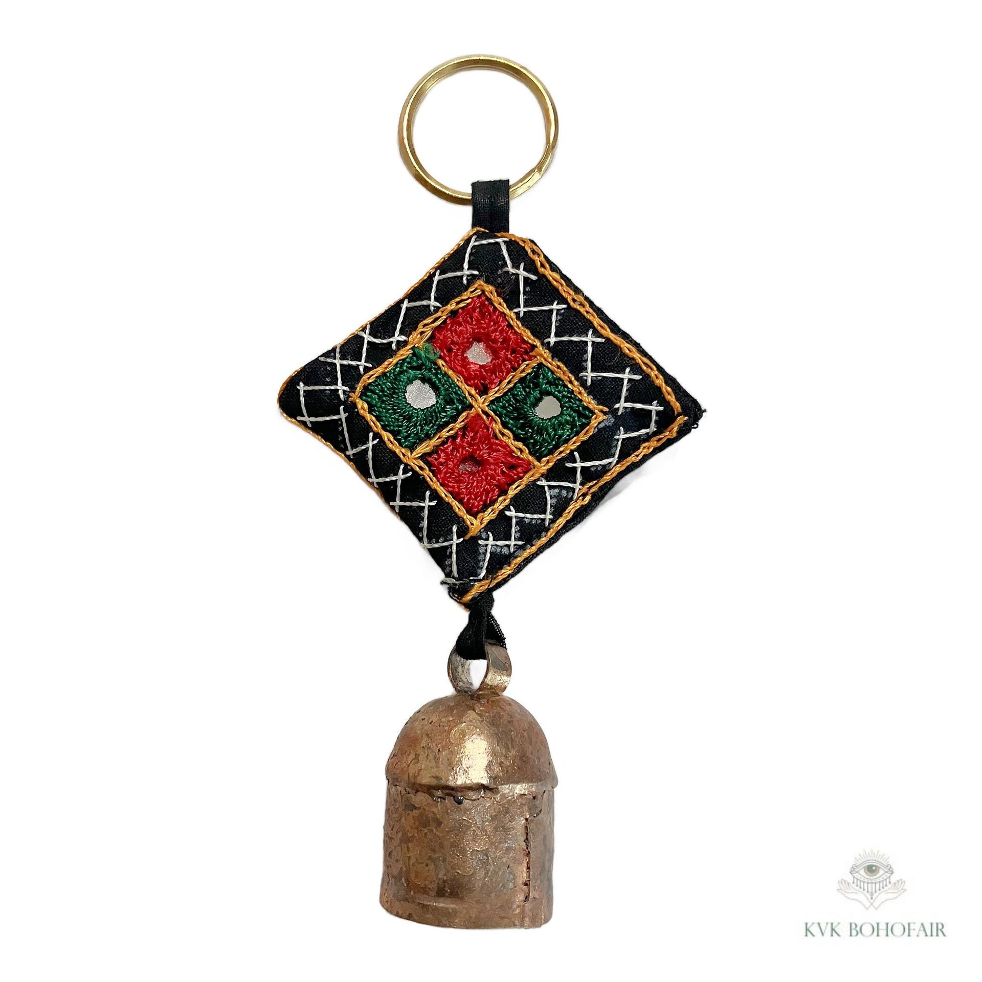 Handmade Boho Indian Shisha Mirror Embroidery Bell Chime Keychain, Recycled Copper Accent