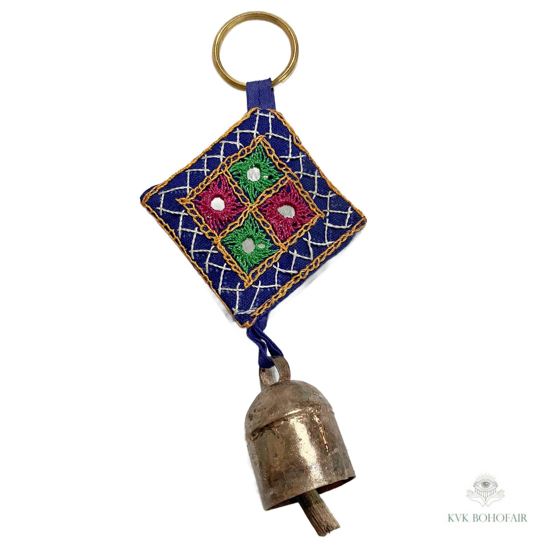 Handmade Boho Indian Shisha Mirror Embroidery Bell Chime Keychain, Recycled Copper Accent