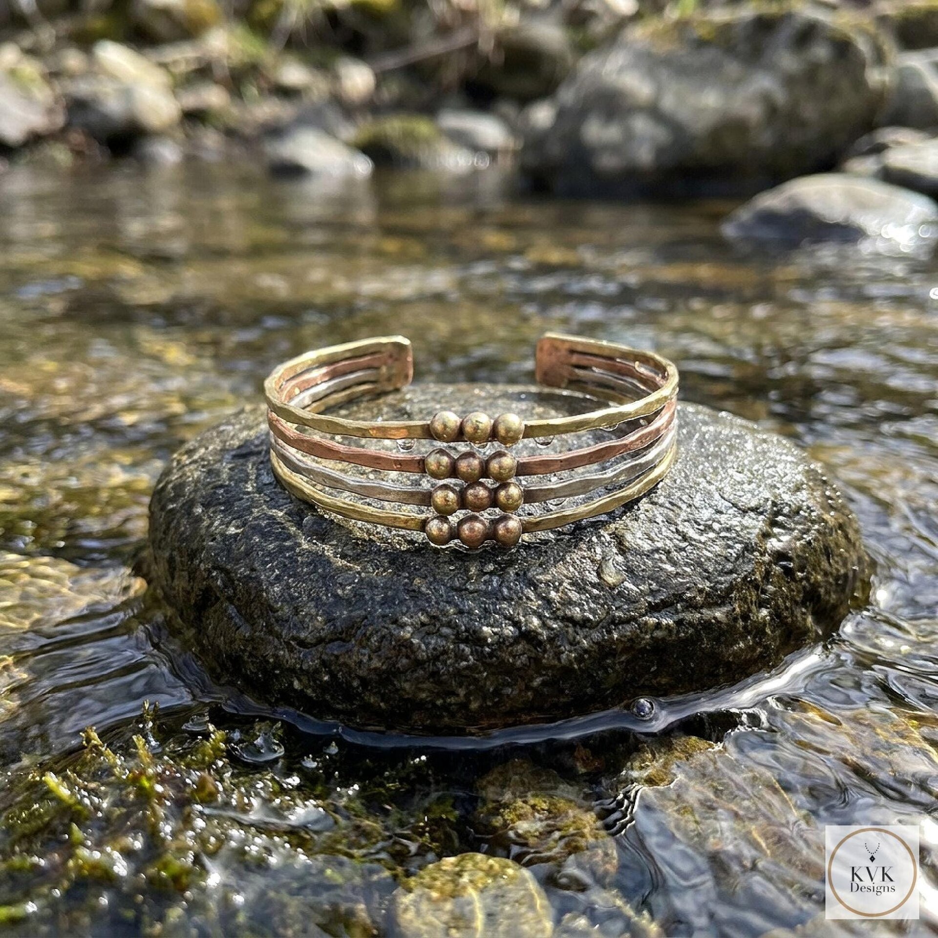 Hammered Mixed Metal Beaded Cuff Bracelet: Handcrafted Boho Jewelry
