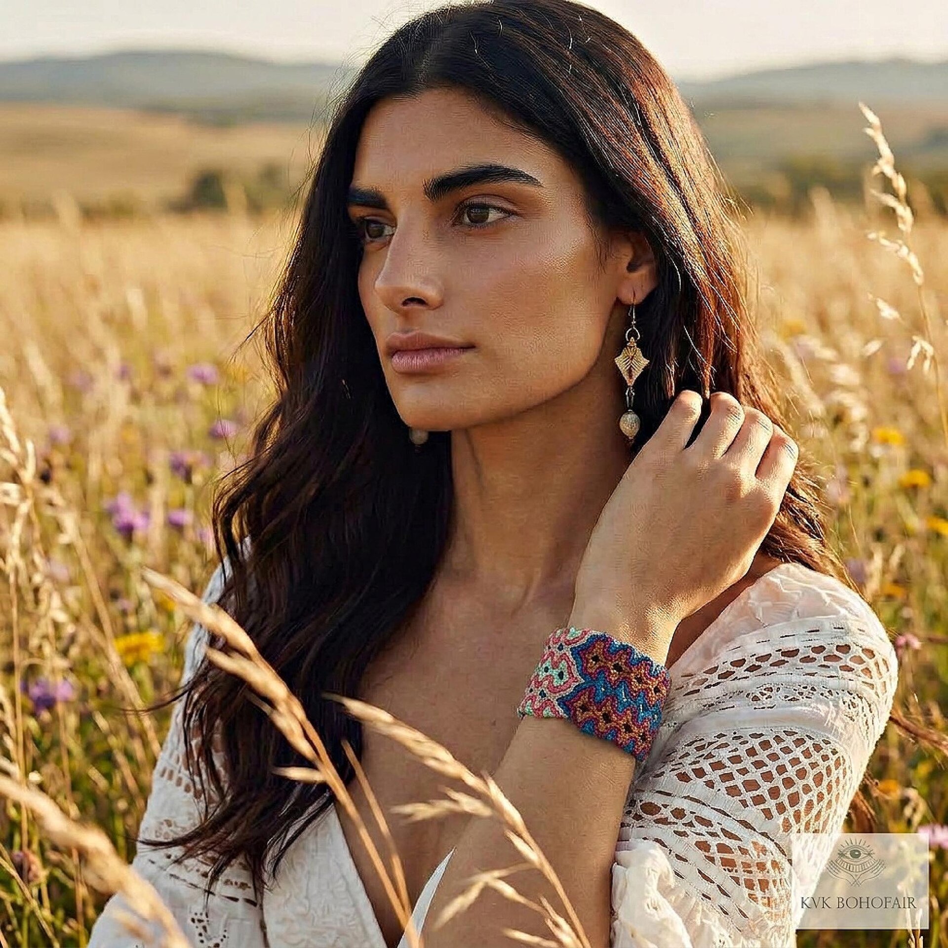 Boho Wide Woven Cotton Cuff Bracelet - Adjustable Fabric Wristband