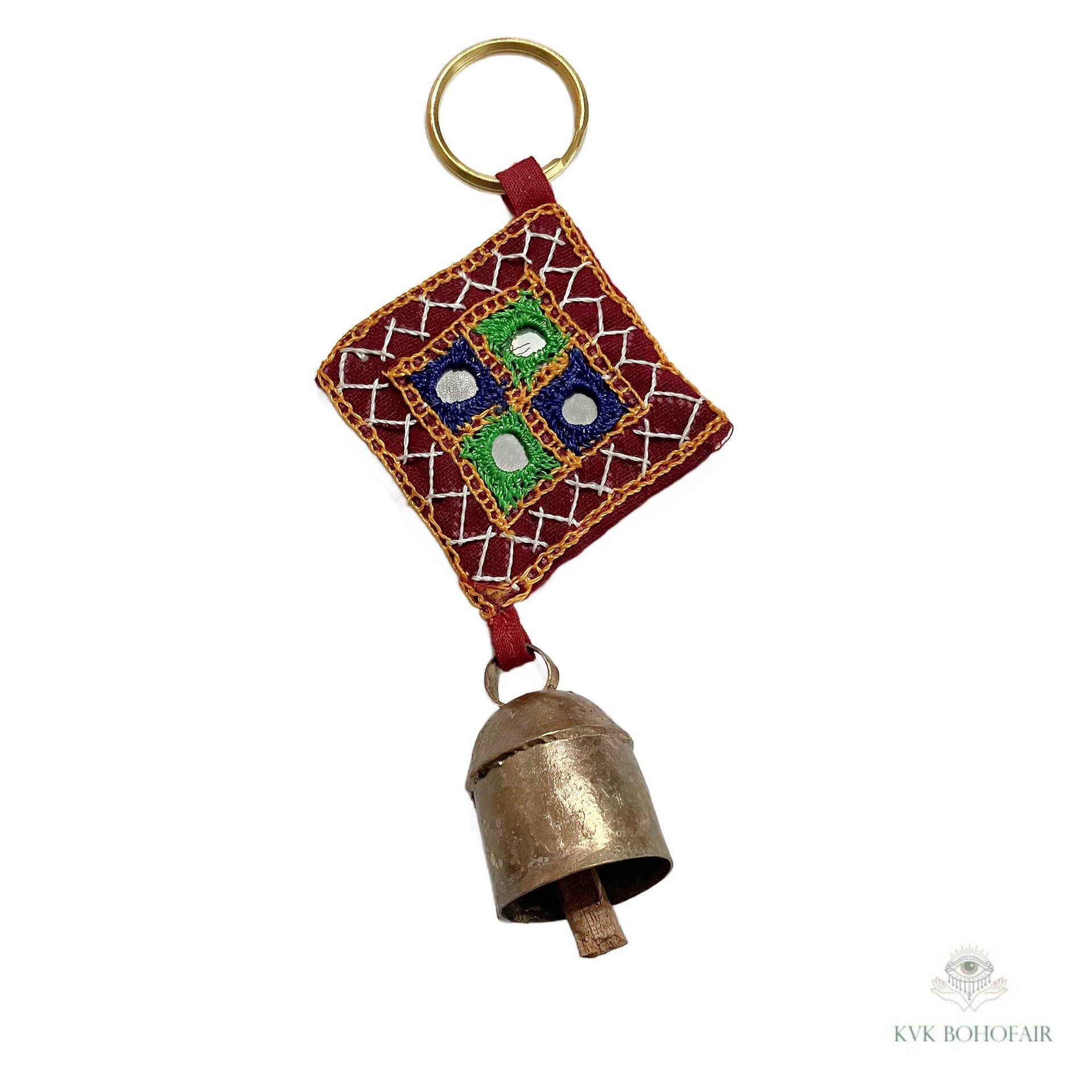 Handmade Boho Indian Shisha Mirror Embroidery Bell Chime Keychain, Recycled Copper Accent