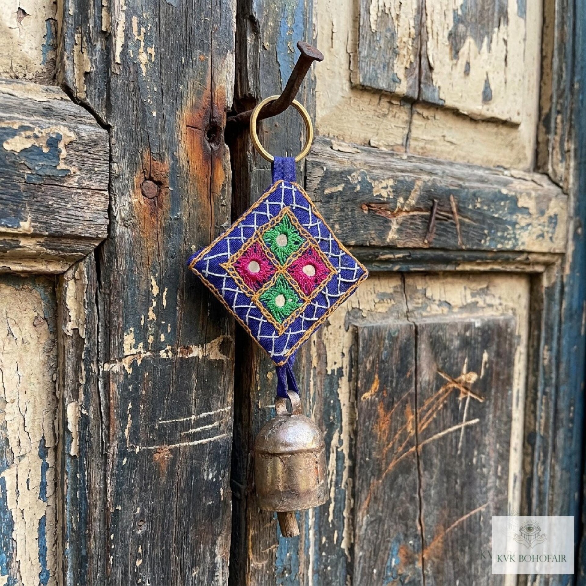 Handmade Boho Indian Shisha Mirror Embroidery Bell Chime Keychain, Recycled Copper Accent