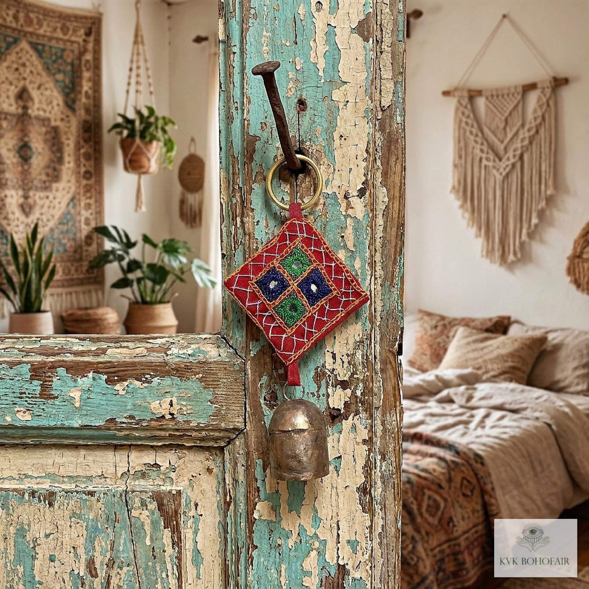 Handmade Boho Indian Shisha Mirror Embroidery Bell Chime Keychain, Recycled Copper Accent