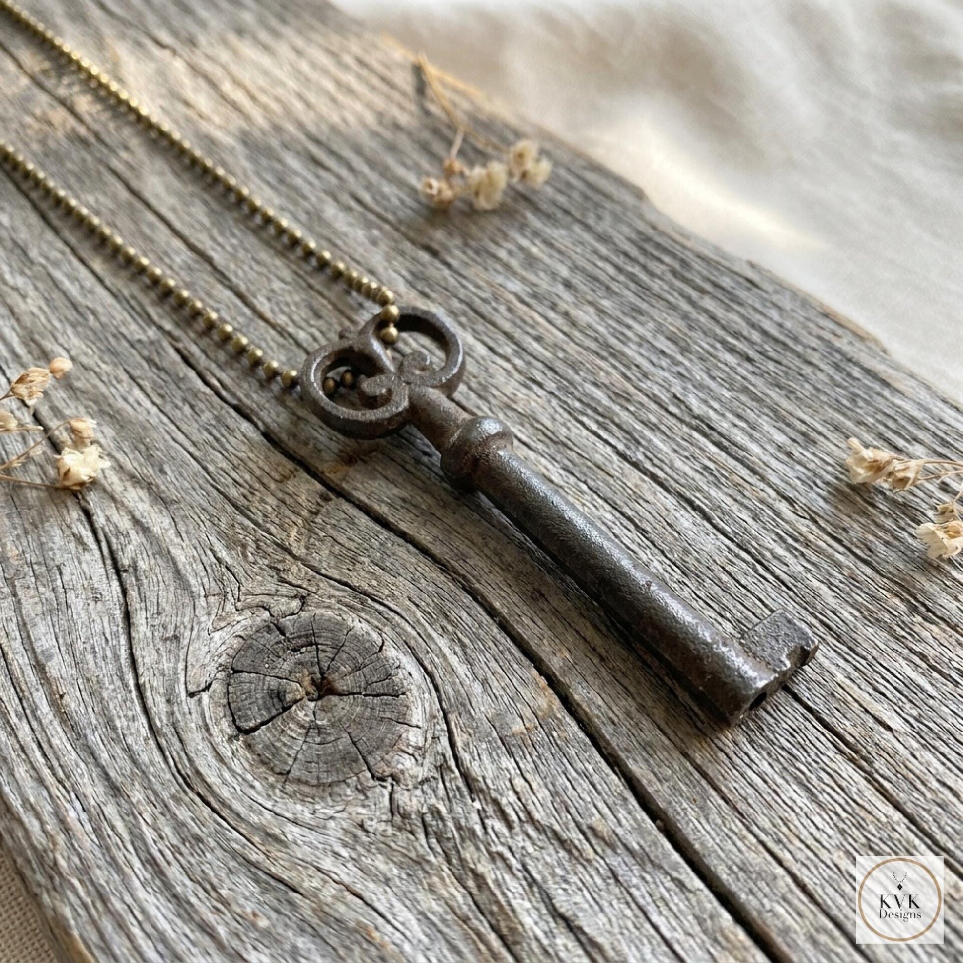 Antique Skeleton Key Necklace FLORA, Iron Trunk Pendant, Brass Ball Jewelry