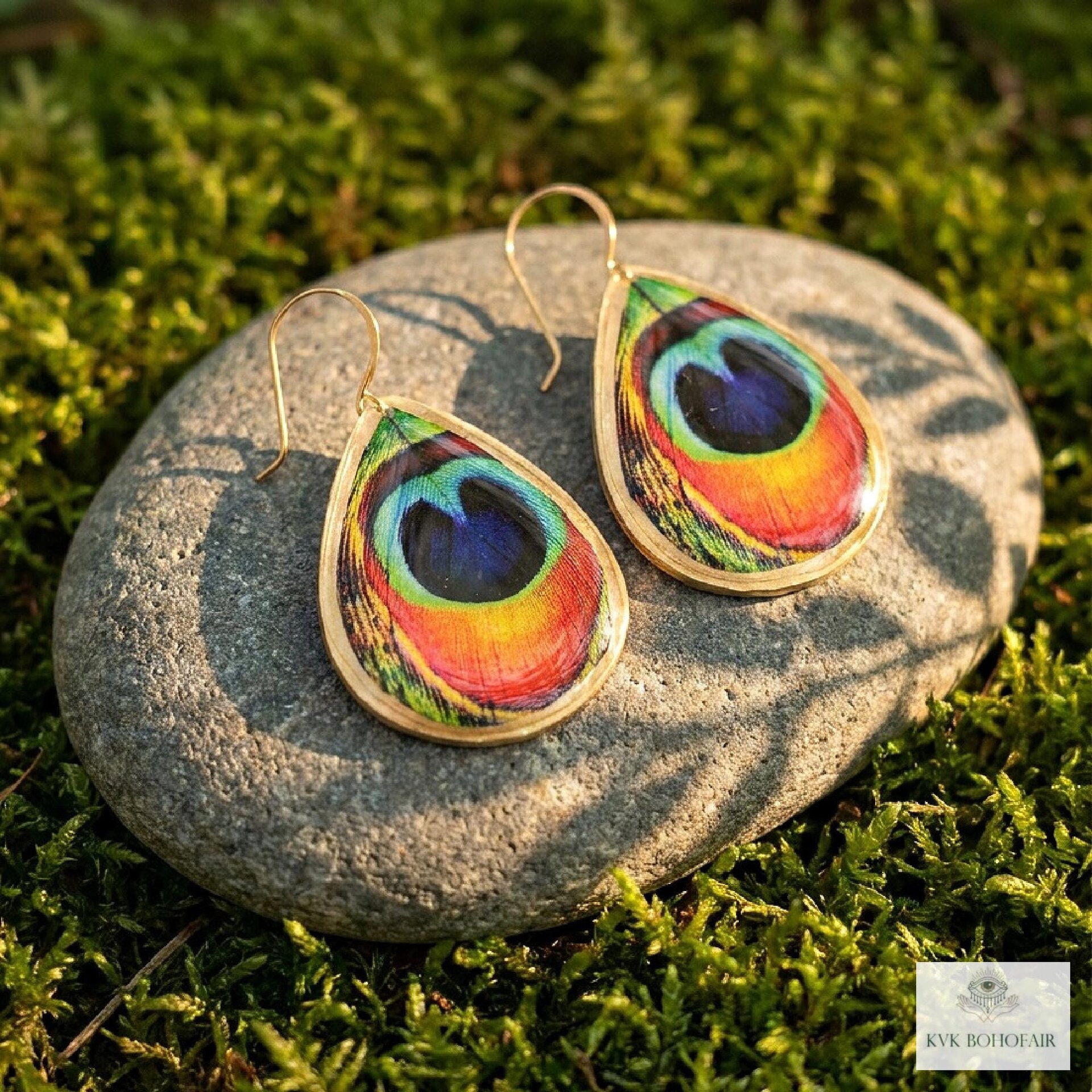 Peacock Feather Print Teardrop Earrings, Bohemian Gold Plated Dangles, Colorful Artisan Jewelry Drops