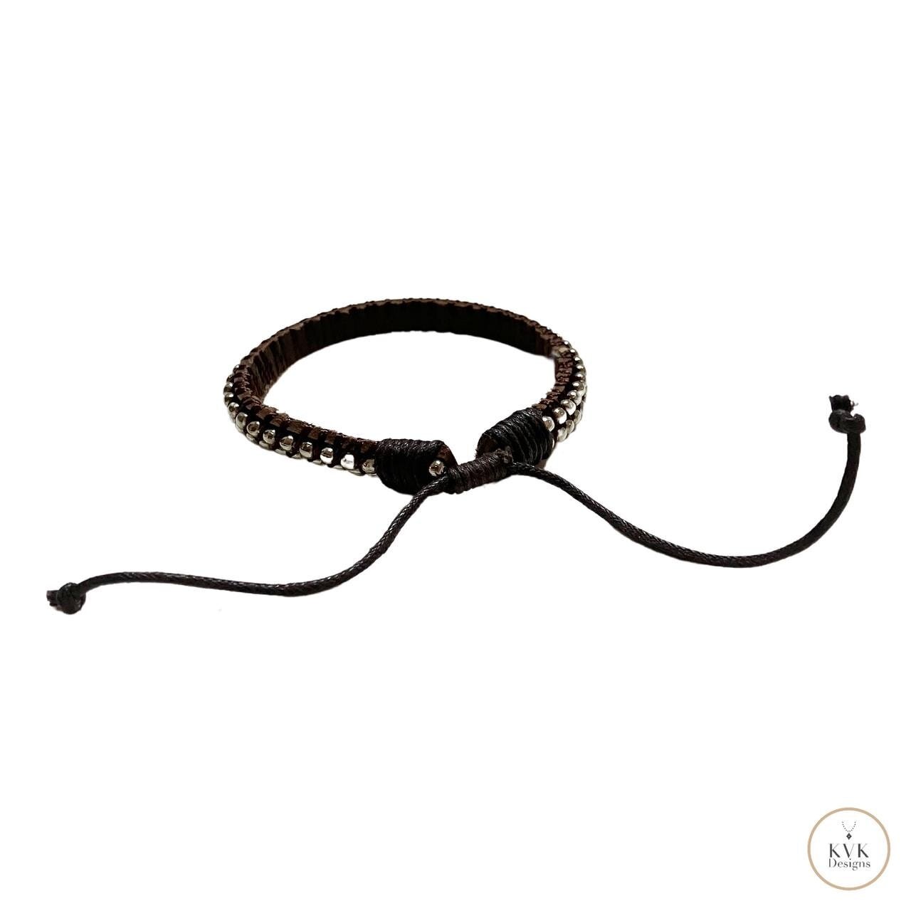 Mens Silver Bead Leather Bracelet