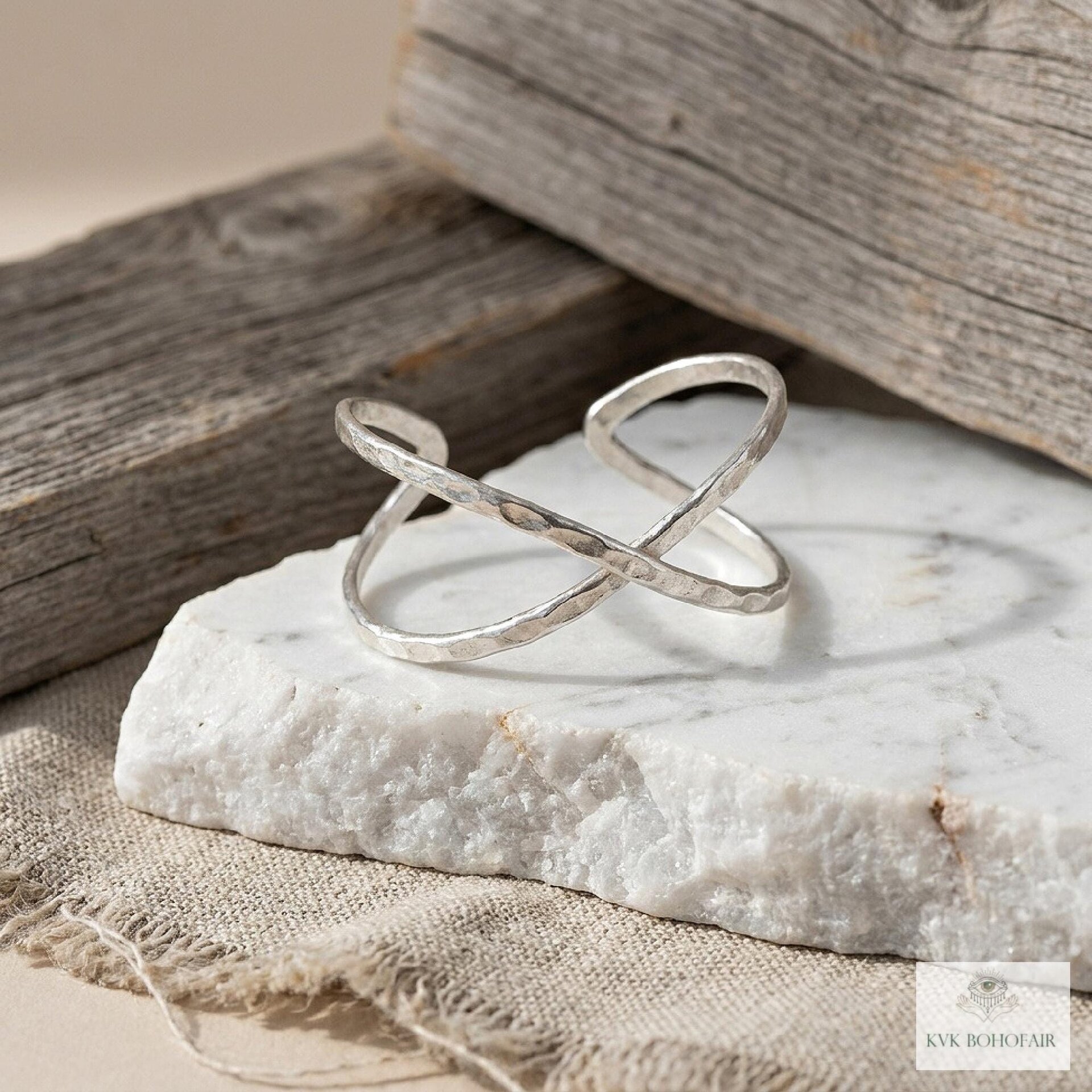 Hammered Silver Criss Cross Cuff Bracelet: Boho X Design