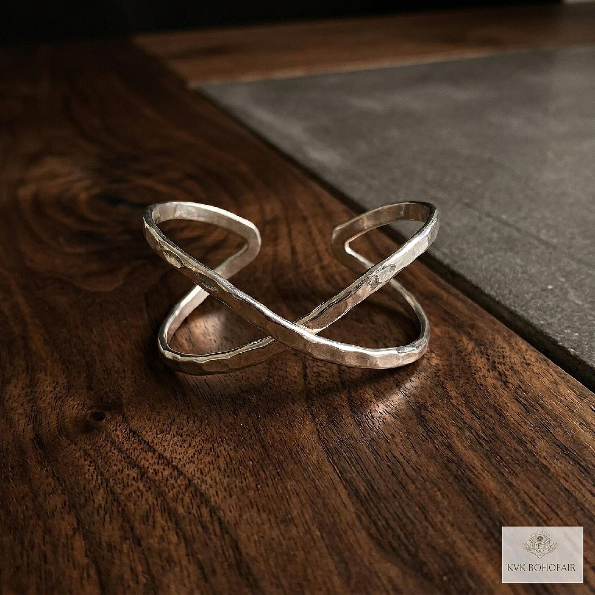 Hammered Silver Criss Cross Cuff Bracelet: Boho X Design