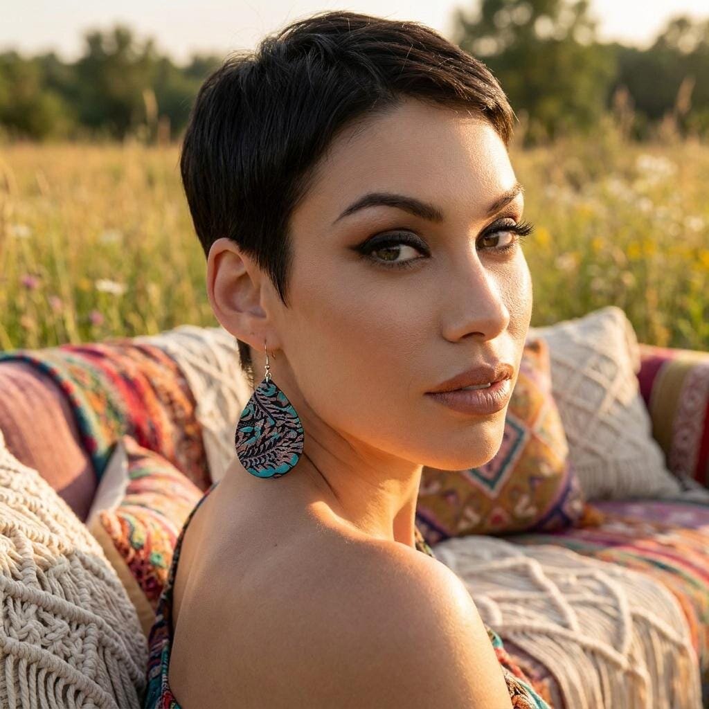 Boho Leather Teardrop Earrings - Handcrafted Turquoise Colored Dangles