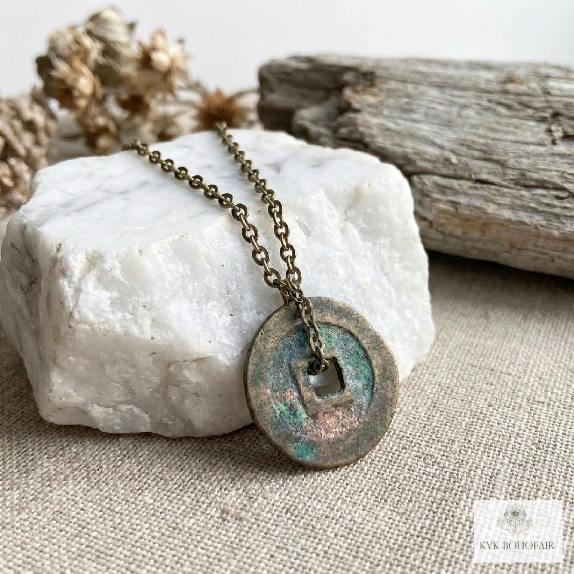 Antique Chinese Cash Coin Necklace, Feng Shui Good Fortune Pendant