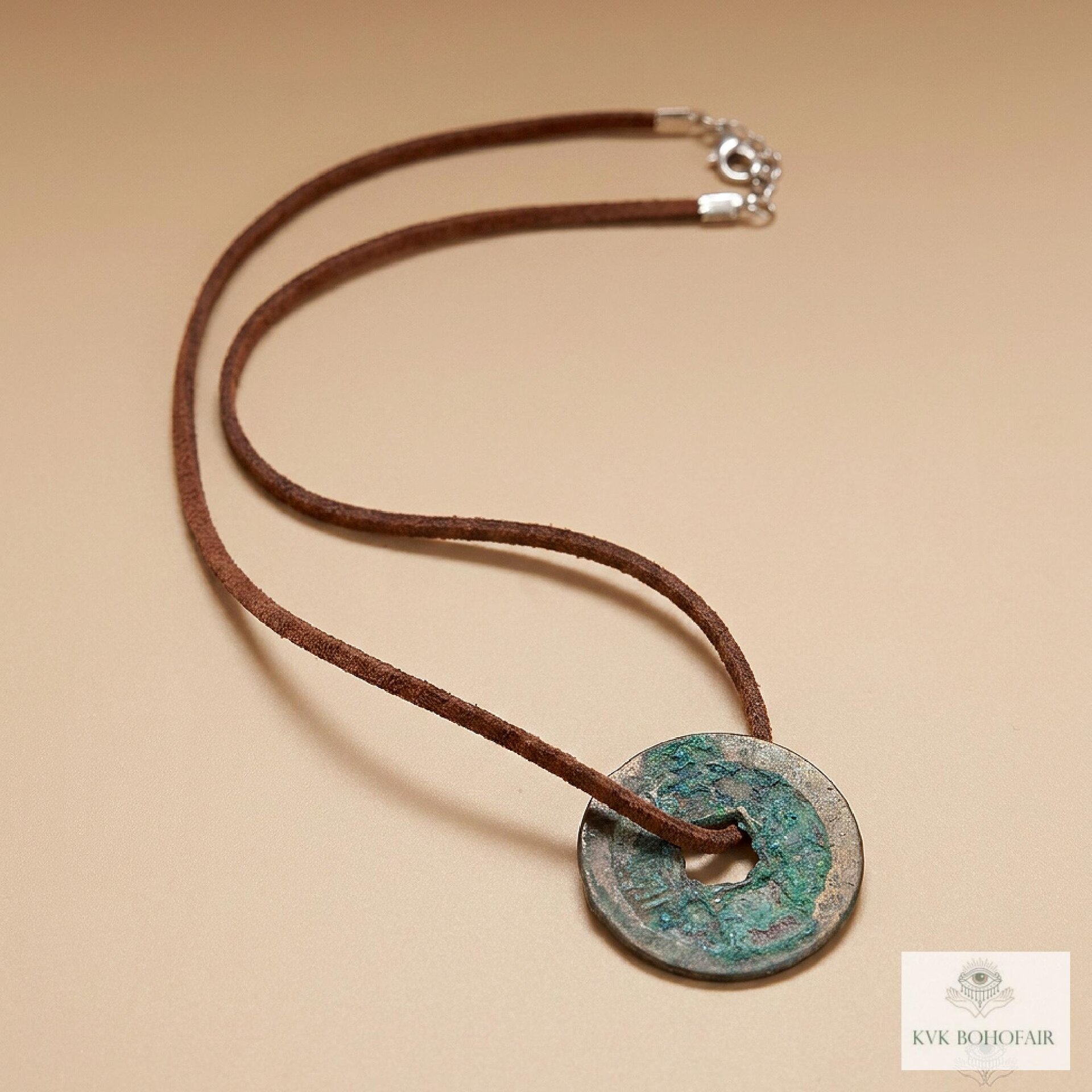 Antique Chinese Coin Choker, Brown Suede Boho Pendant Necklace