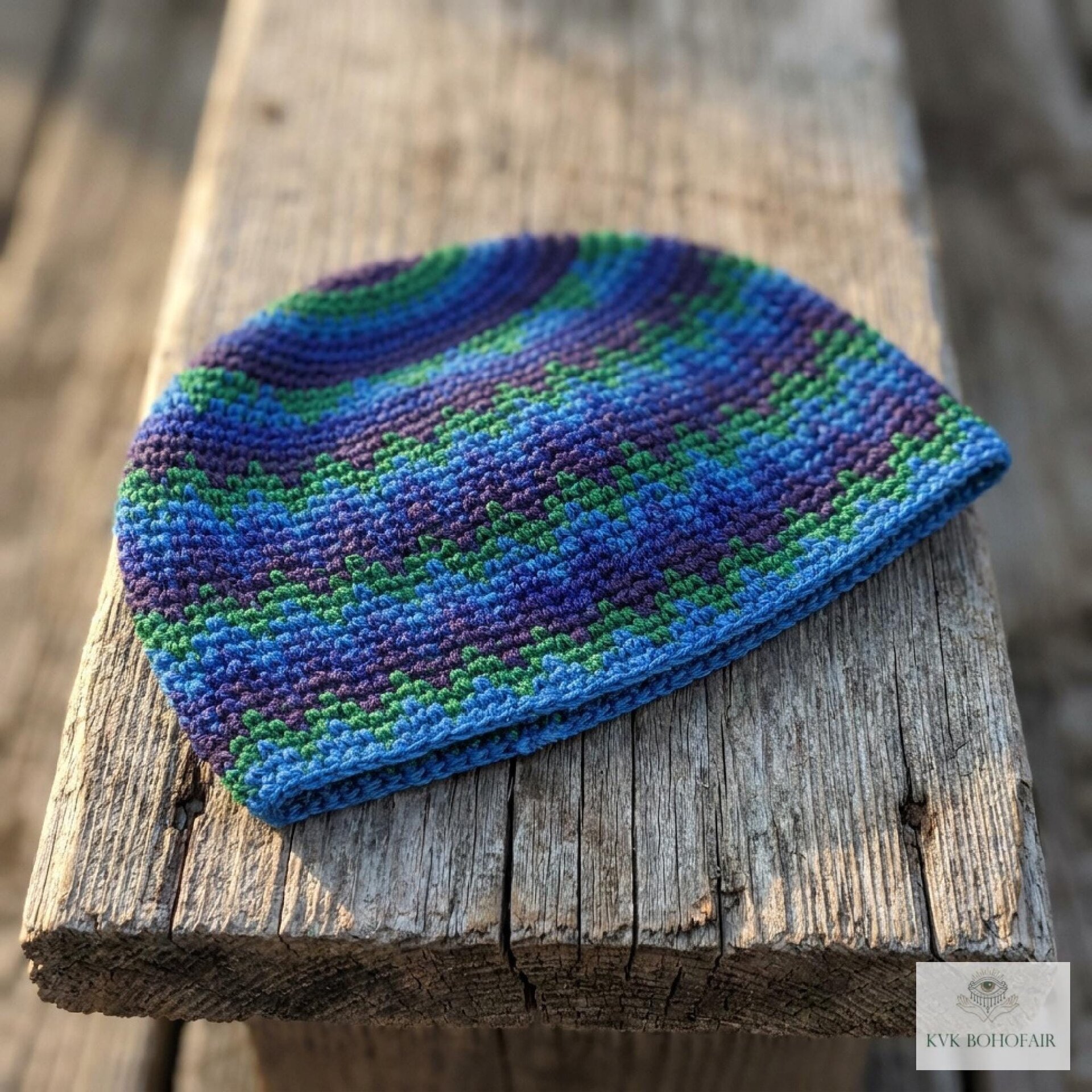 Blue Zig Zag Kufi Skull Cap, Crocheted Beanie Hat, Ethically sourced