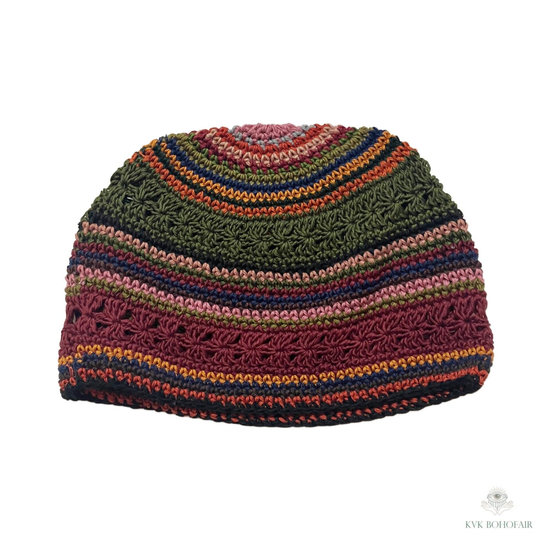 Striped Kufi Skull Cap, Crocheted Beanie Hat, Ethically sourced