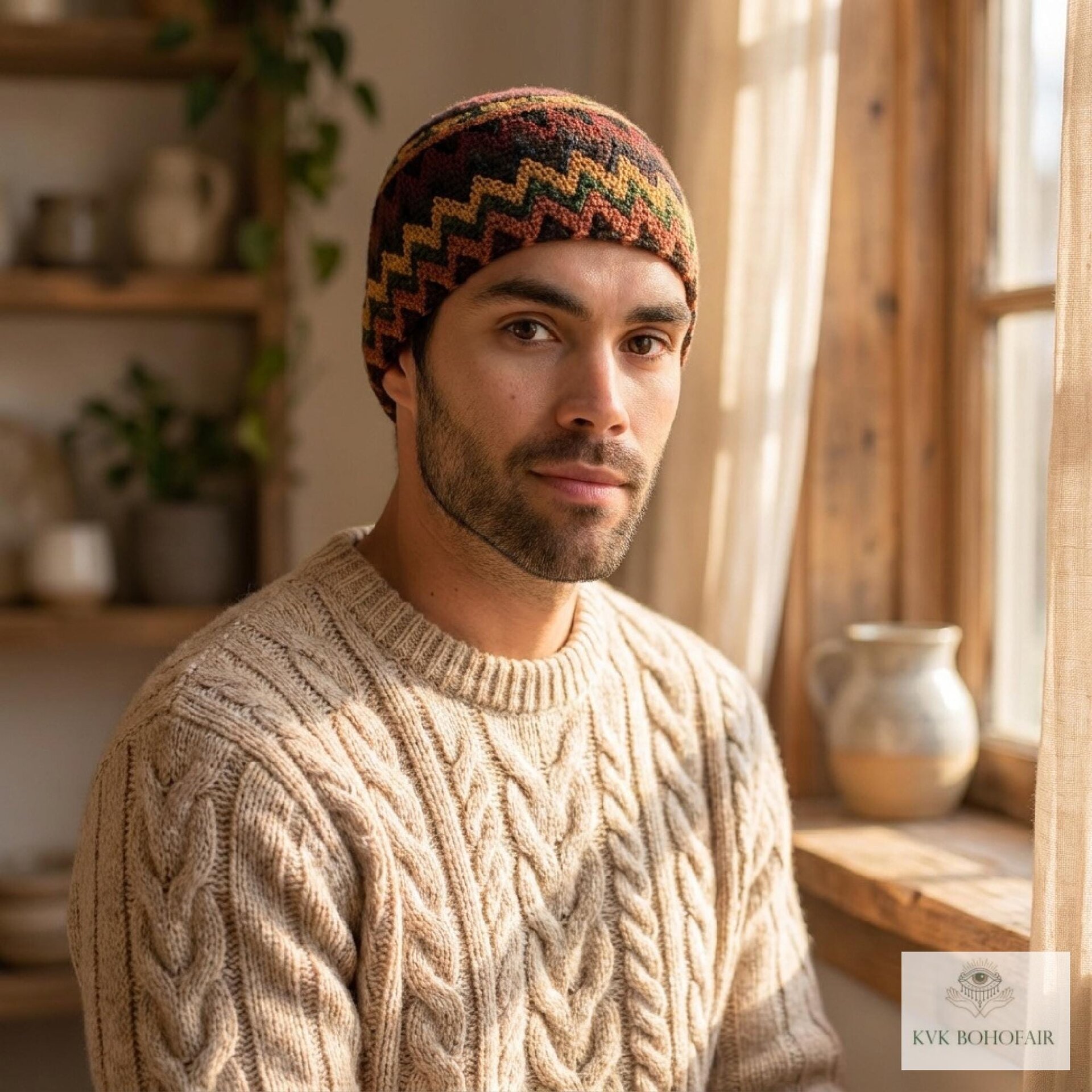 Earth Zig Zag Kufi Skull Cap - Crocheted Beanie Hat, Ethically sourced