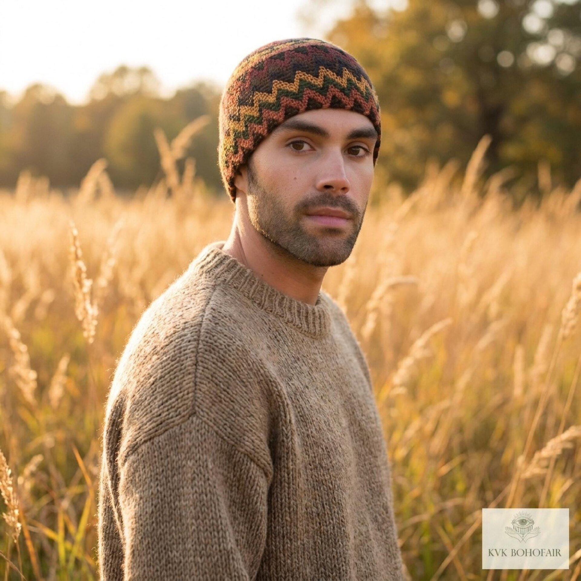 Earth Zig Zag Kufi Skull Cap - Crocheted Beanie Hat, Ethically sourced