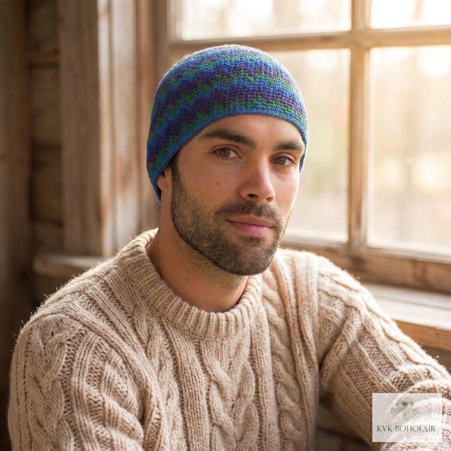 Blue Zig Zag Kufi Skull Cap, Crocheted Beanie Hat, Ethically sourced
