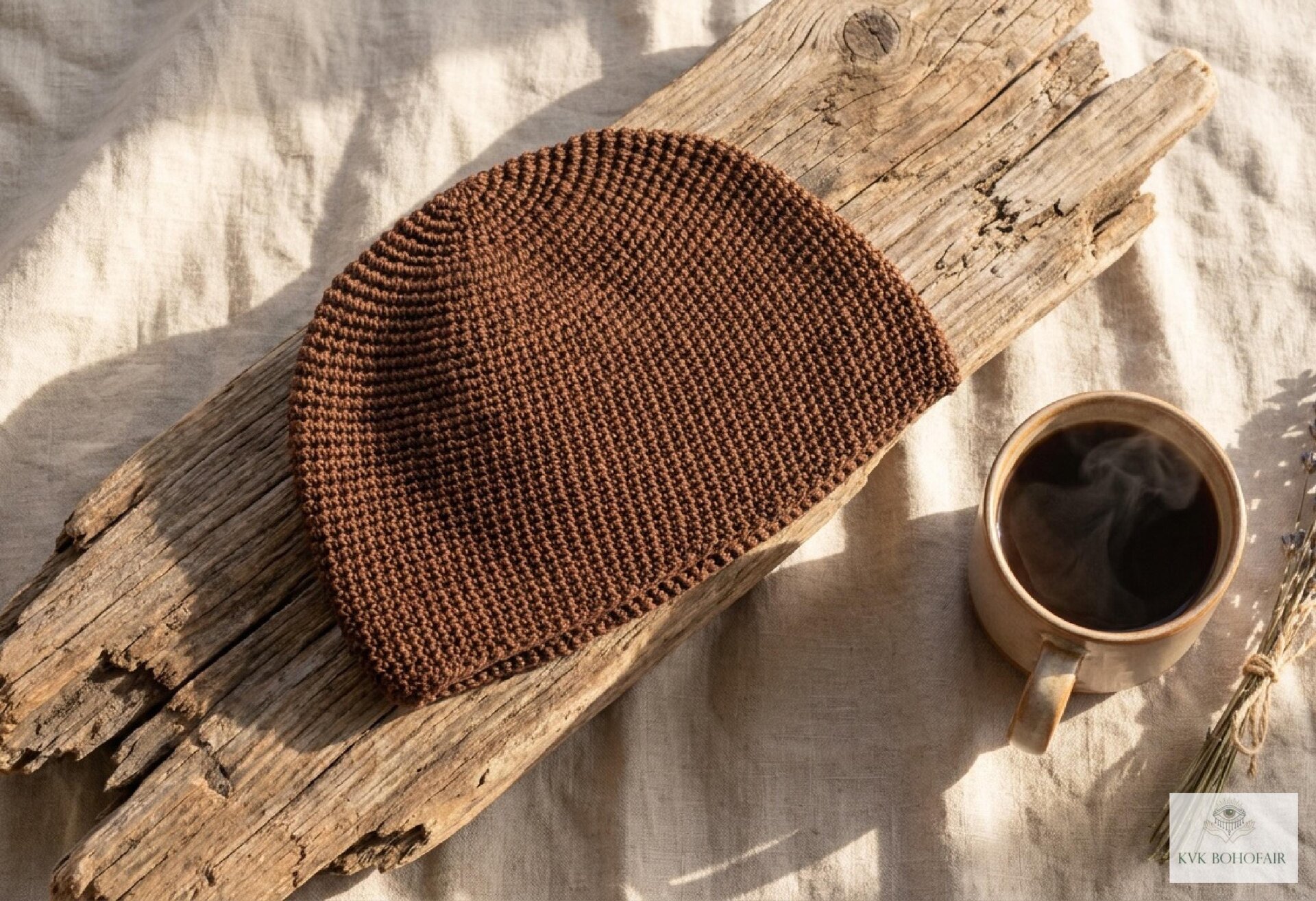 Brown Kufi Skull Cap, Crocheted Beanie Hat, Ethically sourced