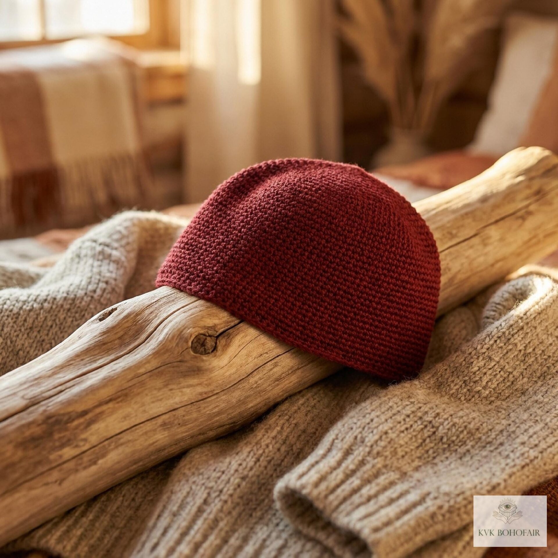 Maroon Kufi Skull Cap, Crocheted Beanie Hat, Ethically sourced