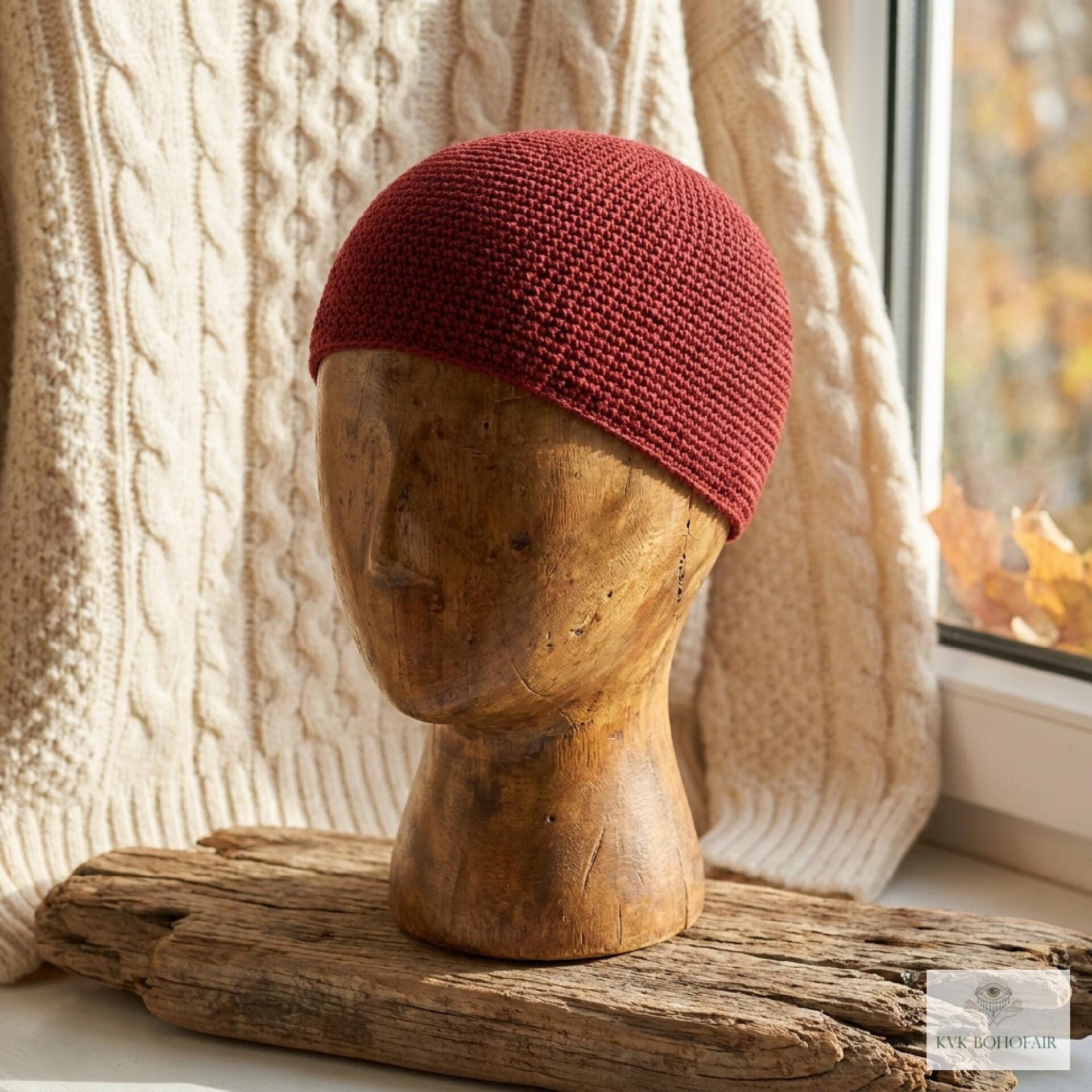 Maroon Kufi Skull Cap, Crocheted Beanie Hat, Ethically sourced