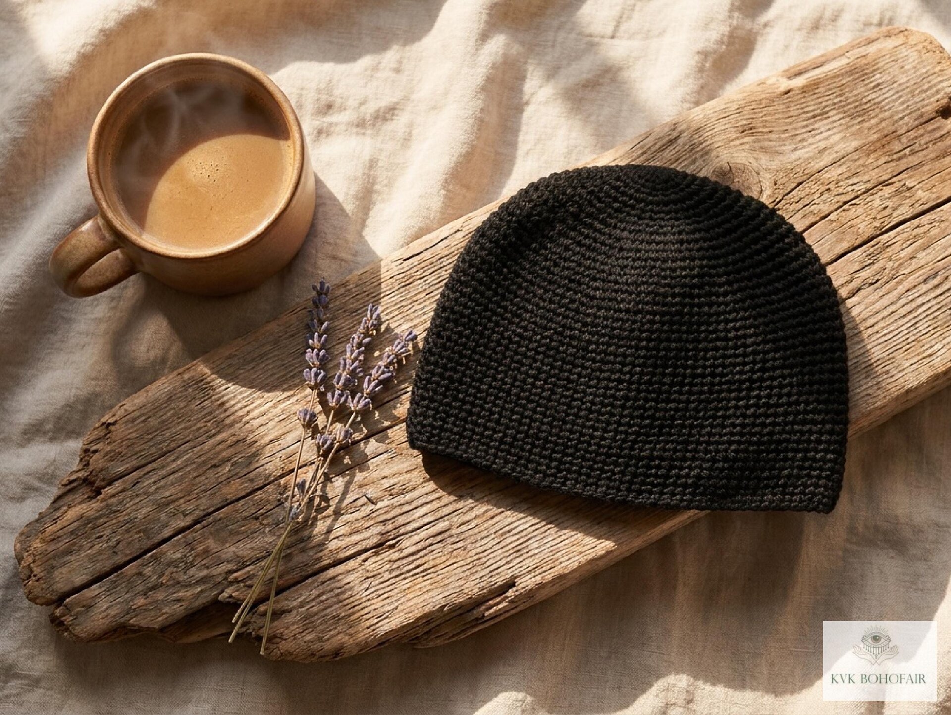 Black Kufi Skull Cap, Crocheted Beanie Hat, Ethically sourced