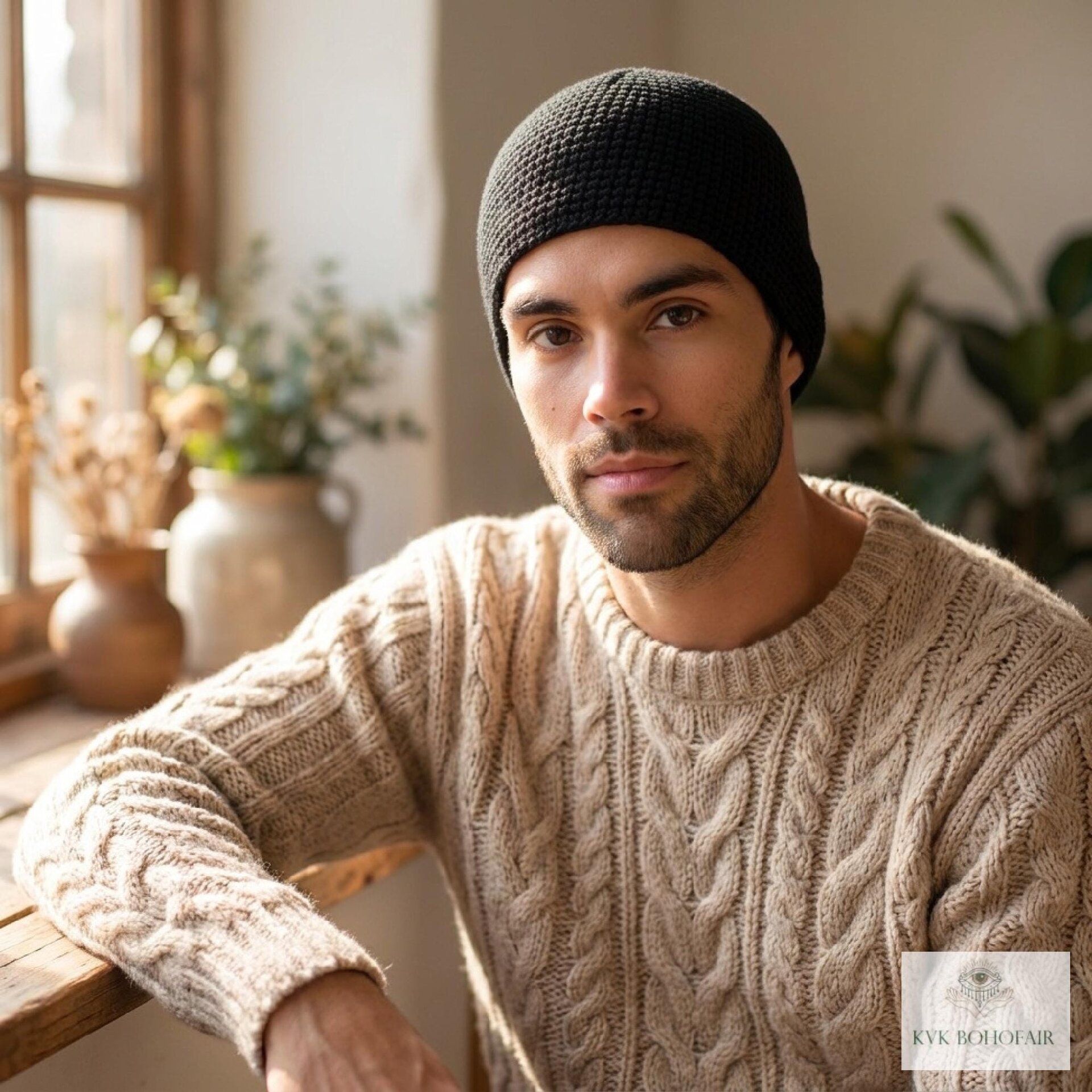 Black Kufi Skull Cap, Crocheted Beanie Hat, Ethically sourced