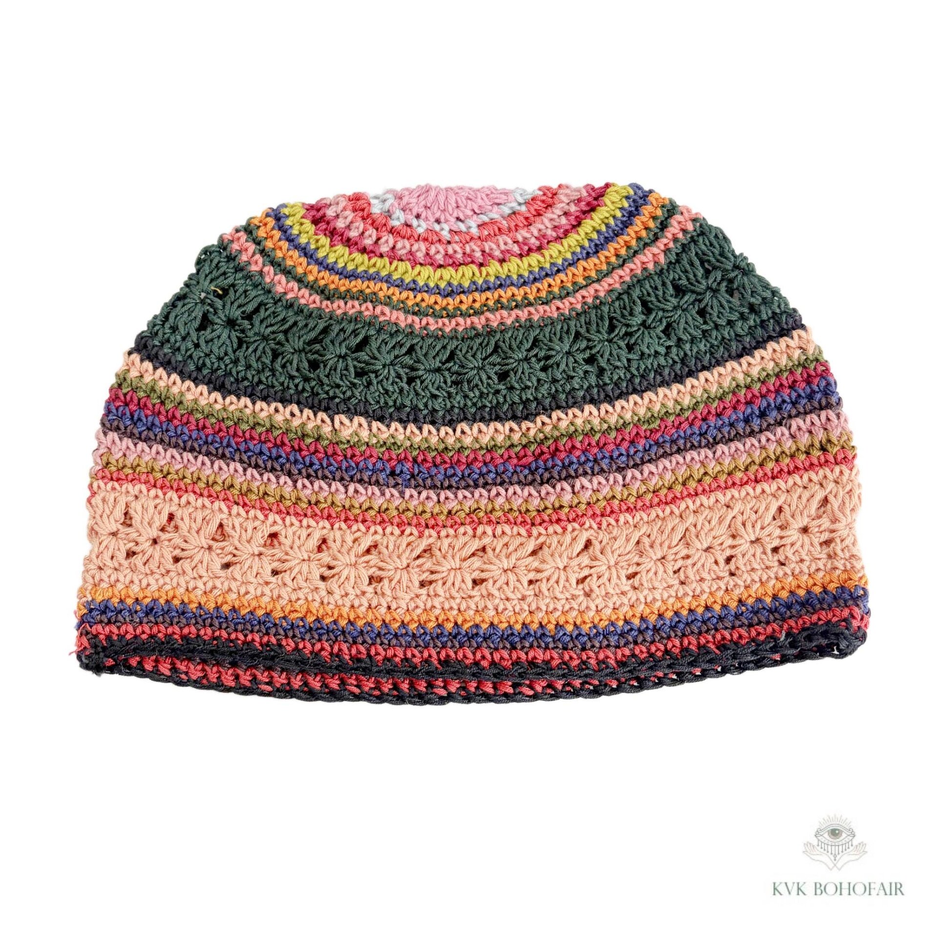 Striped Kufi Skull Cap, Crocheted Beanie Hat, Ethically sourced