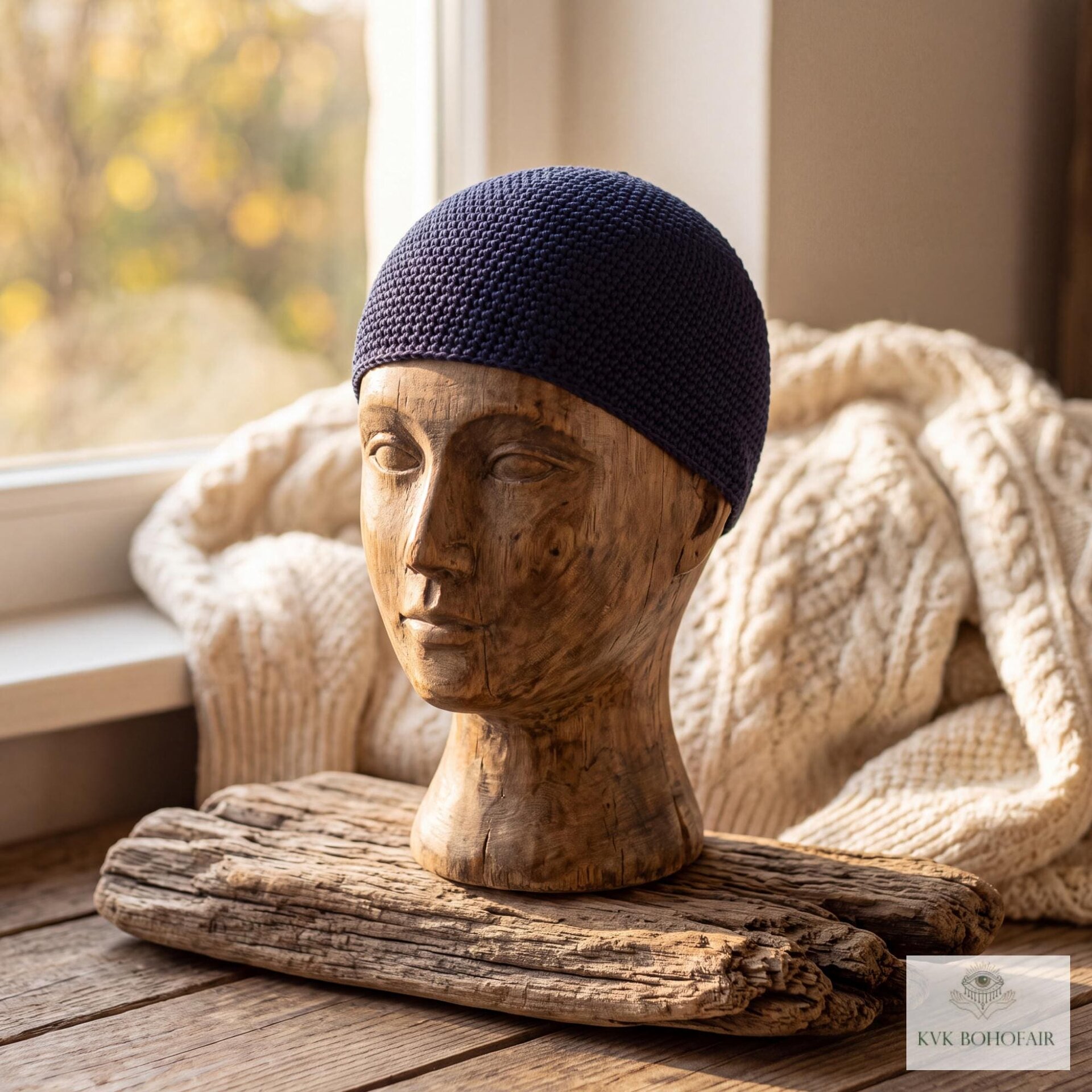 Navy Kufi Skull Cap - Crocheted Beanie Hat, Ethically sourced