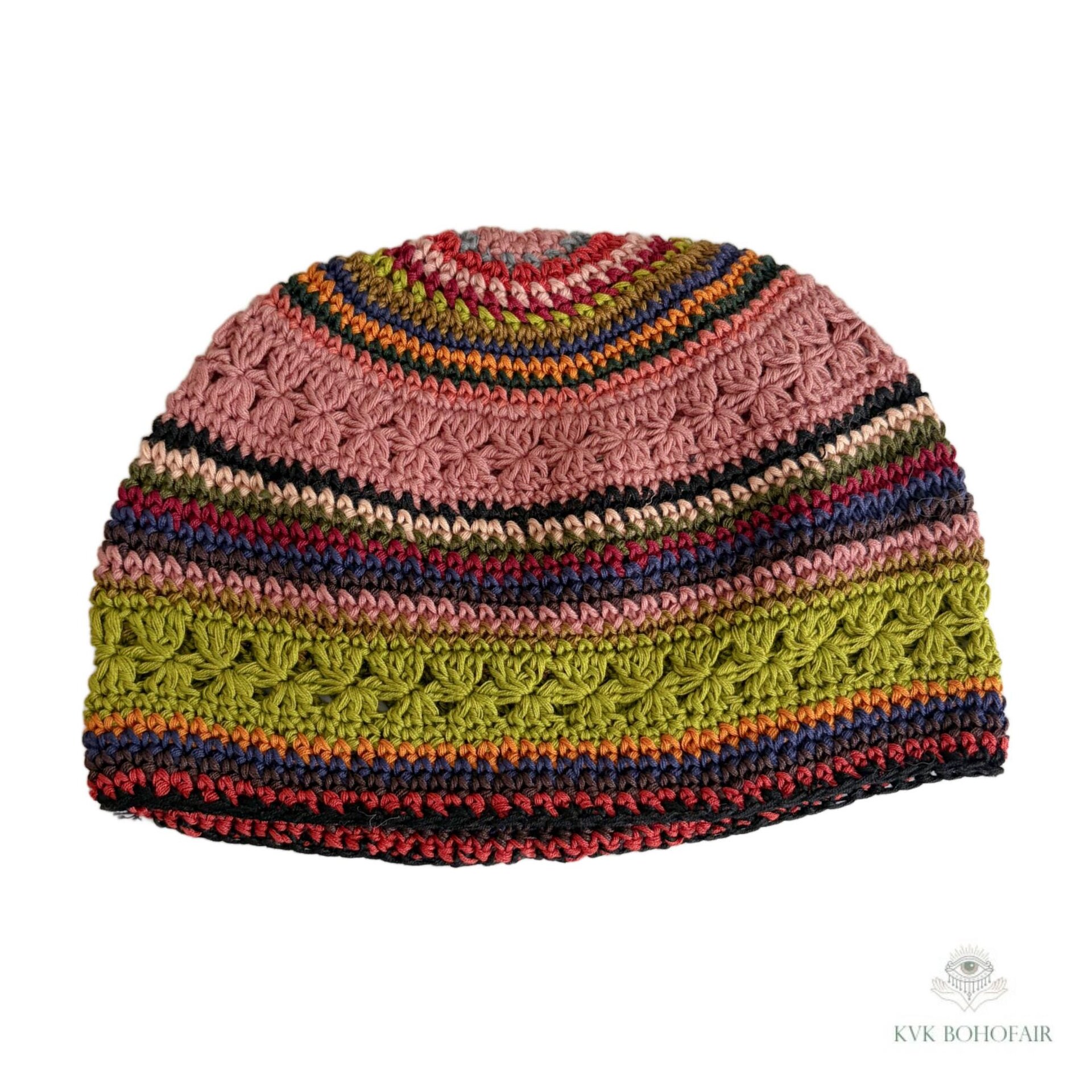 Striped Kufi Skull Cap, Crocheted Beanie Hat, Ethically sourced