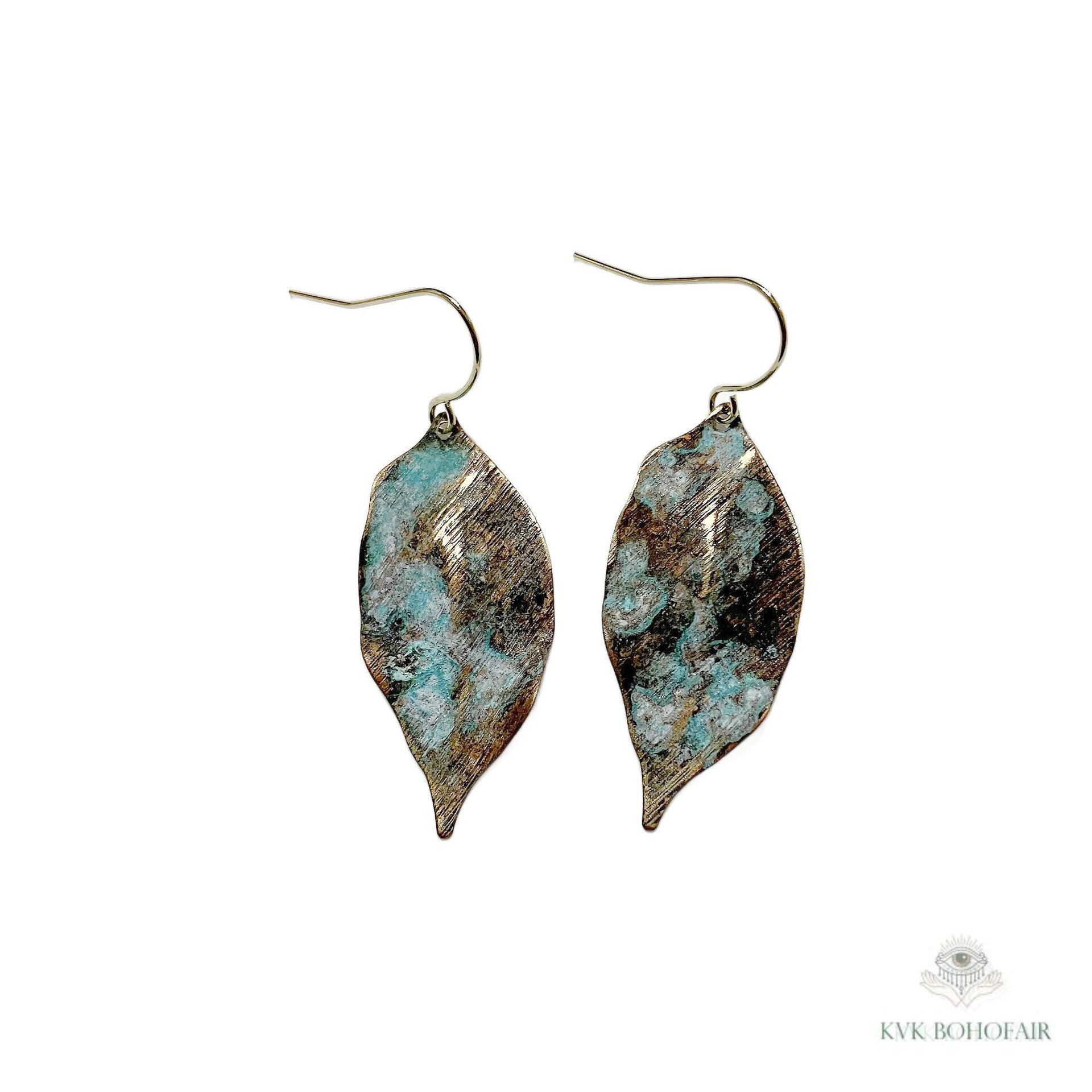 Patina Brass Leaf Earrings - Rustic Boho Jewelry